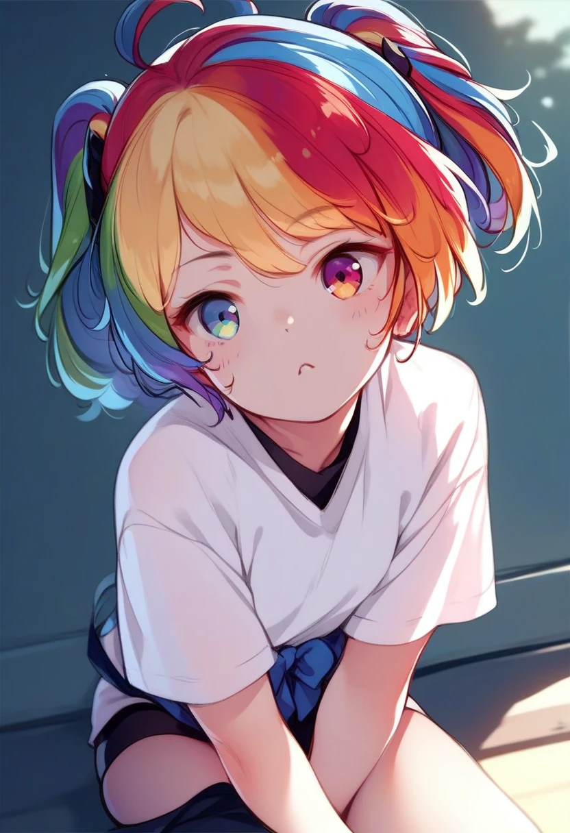 <lora:Konnyaku_Style_for_Pony_Commission:1> konnyaku_style, a girl, score_9, score_8_up, score_7_up, score_6_up, score_5_up, score_4_up, hd, (ultra hd quality details), 8K, fyx, 1girl, multi colored eyes, Iridescent rainbow hair