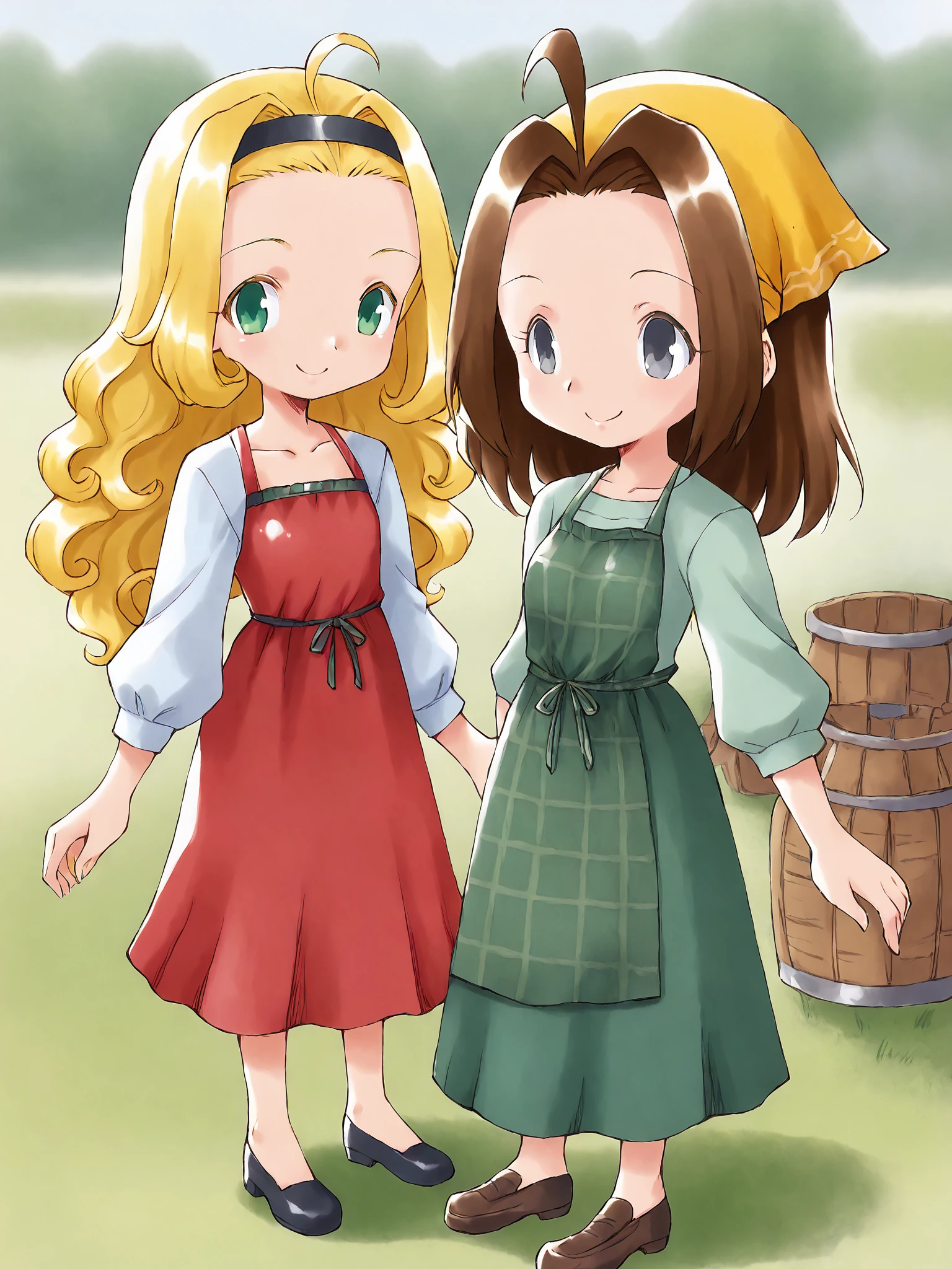 score_9, score_8_up,sharp focus,, absurdres, highres, illustration, depth of field, outdoors, , field, 
2girls, duo,  BASE
muffyxl, 1girl, solo, long hair, blonde hair, red dress, white sleeves, long sleeves, curly hair, collarbone, green eyes ,black hairband, looking at viewer, smile,  ADDCOL
celiaxl, 1girl, , brown hair, grey eyes, plaid apron, green dress, yellow bandana, smile,    <lora:muffyxl:0.75>  <lora:celiaxl:0.75>  <lora:tatata_xl4:1>