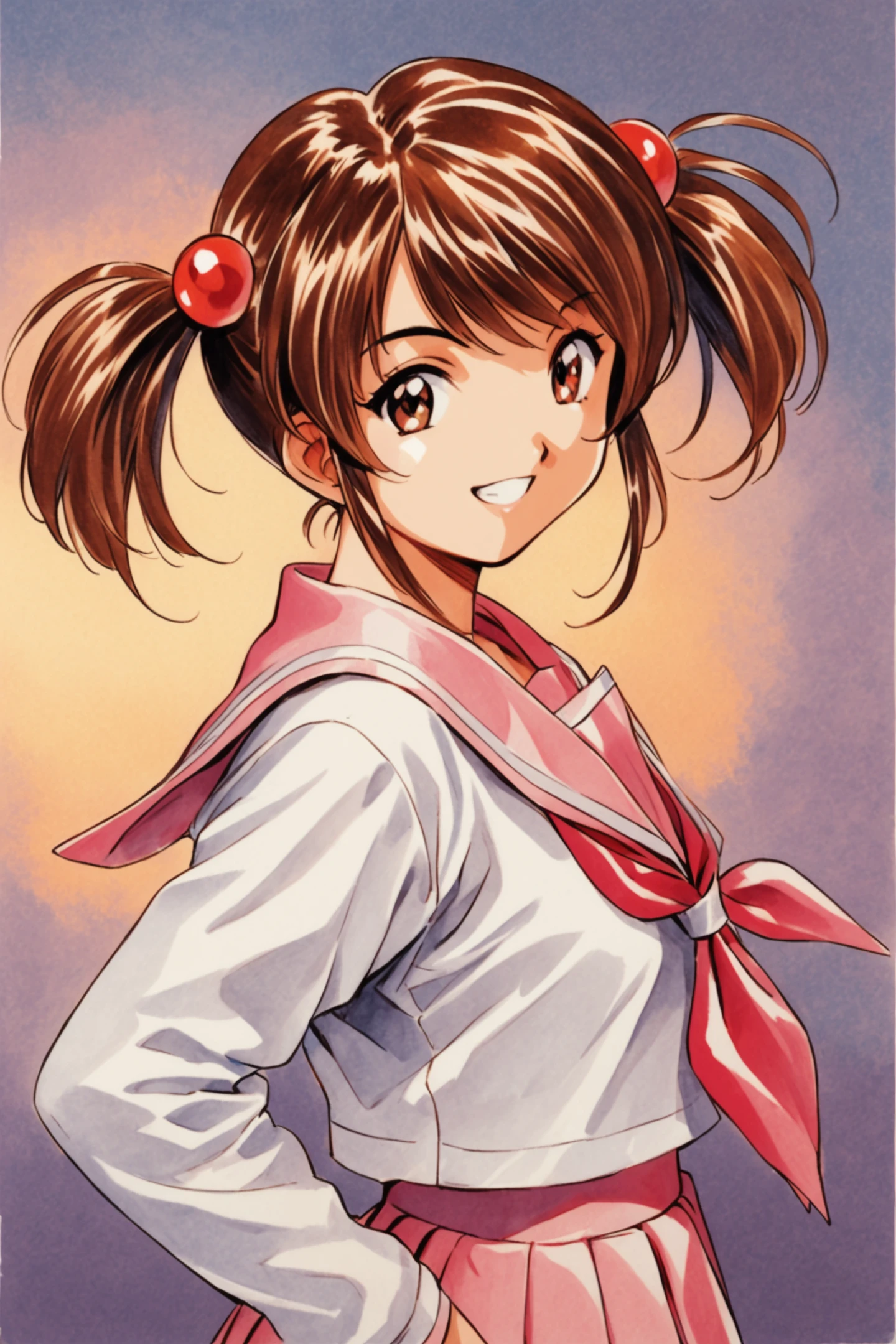 Coquelicot,1girl,solo,smile,twintails,brown eyes,brown hair,short twintails,white shirt,long sleeves,pink pants,sailor collar,traditional media,school uniform,looking at viewer,hair bobbles,hair ornament,grin,shirt,upper body,serafuku,from side,shiny,simple background,bangs,short hair,skirt,shiny hair,retro artstyle,neckerchief,pink skirt,gradient background,gradient,pink sailor collar,<lora:Sakura Wars_XL:0.8>,