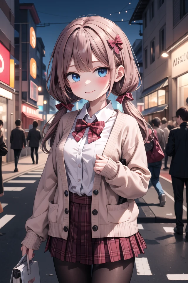 insanely detailed, absurdres, ultra-highres, ultra-detailed, best quality,
1girl, solo, nice hands, perfect hands
BREAK
(School Uniforms:1.2), (pink cardigan is fit body:1.4), ((do up a buttons, not loose):1.5), ((long sleeve, sleeves past wrists):1.2), (inner wear is white collared-shirt:1.3), (red plaid-pattern bow:1.3), (red plaid-pattern pleated skirt:1.3), ((dark-brown pantyhose, loafers):1.2)
BREAK
(nsfw:-1.5)
BREAK
happy smile, laugh, closed mouth
BREAK
,
standing, cowboy shot, looking at viewer
BREAK
slender, kawaii, perfect symmetrical face, ultra cute girl, ultra cute face, ultra detailed eyes, ultra detailed hair, ultra cute, ultra beautiful
BREAK
in street, cityscape in harajuku, depth of field, ultra detailed background
BREAK
medium large breasts
BREAK
hime cut, (low twintails:1.3), messy hair, medium hair, (red brown hair, dark blue eyes:1.3)
<lora:eyecolle_torenia_v100:0.5> <lora:eyecolle_nadeshiko_v100:0.5>