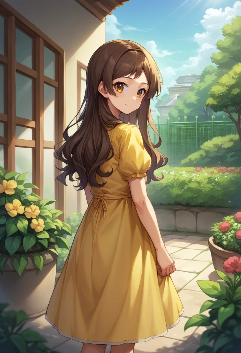 score_9, score_8_up, source_anime, 1girl, solo, KitazawaShiho, long hair, from behind, yellow sundress, garden, day, sunshine, smile, looking back, <lora:ChamKitazawaShihoPonyXL-000007:1>