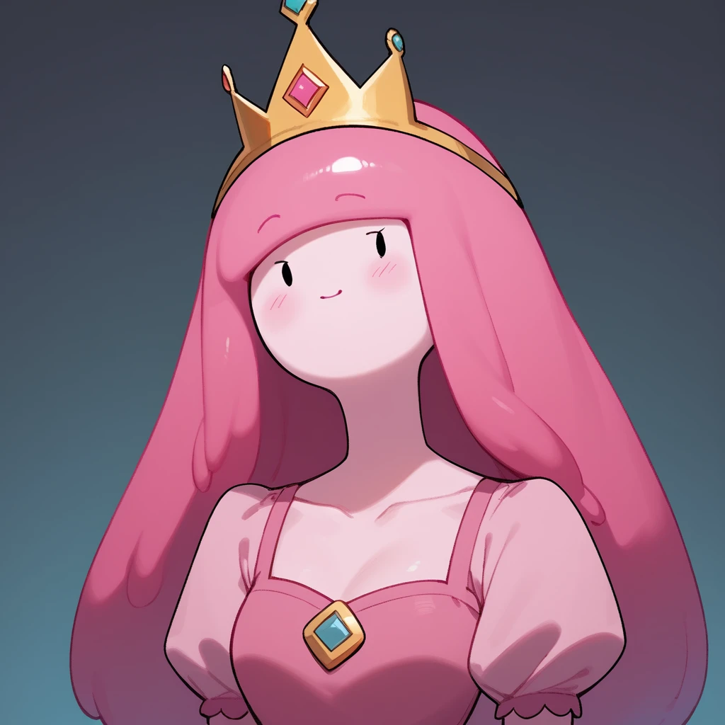 score_9, score_8_up, score_7_up,source_cartoon,princess bubblegum from adventure time,pink skin,(flat cartoon), 1girl,[masterpiece], dot eyes,pink dress ,crown