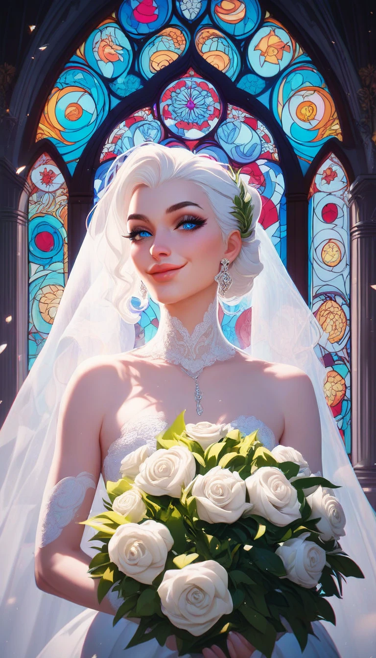 zPDXL, score_9, score_8_up, score_7_up, score_6_up, score_5_up, score_4_up,  beautiful bride, white wedding dress, flowing veil, long white hair, thick eyelashes, sparkling blue eyes, radiant smile, perfect makeup, rosy cheeks, full lips, holding bouquet of white roses, cathedral stained glass window in background, sunbeams streaming through, ethereal lighting, masterpiece, best quality, highly detailed, <lora:srnty:1>