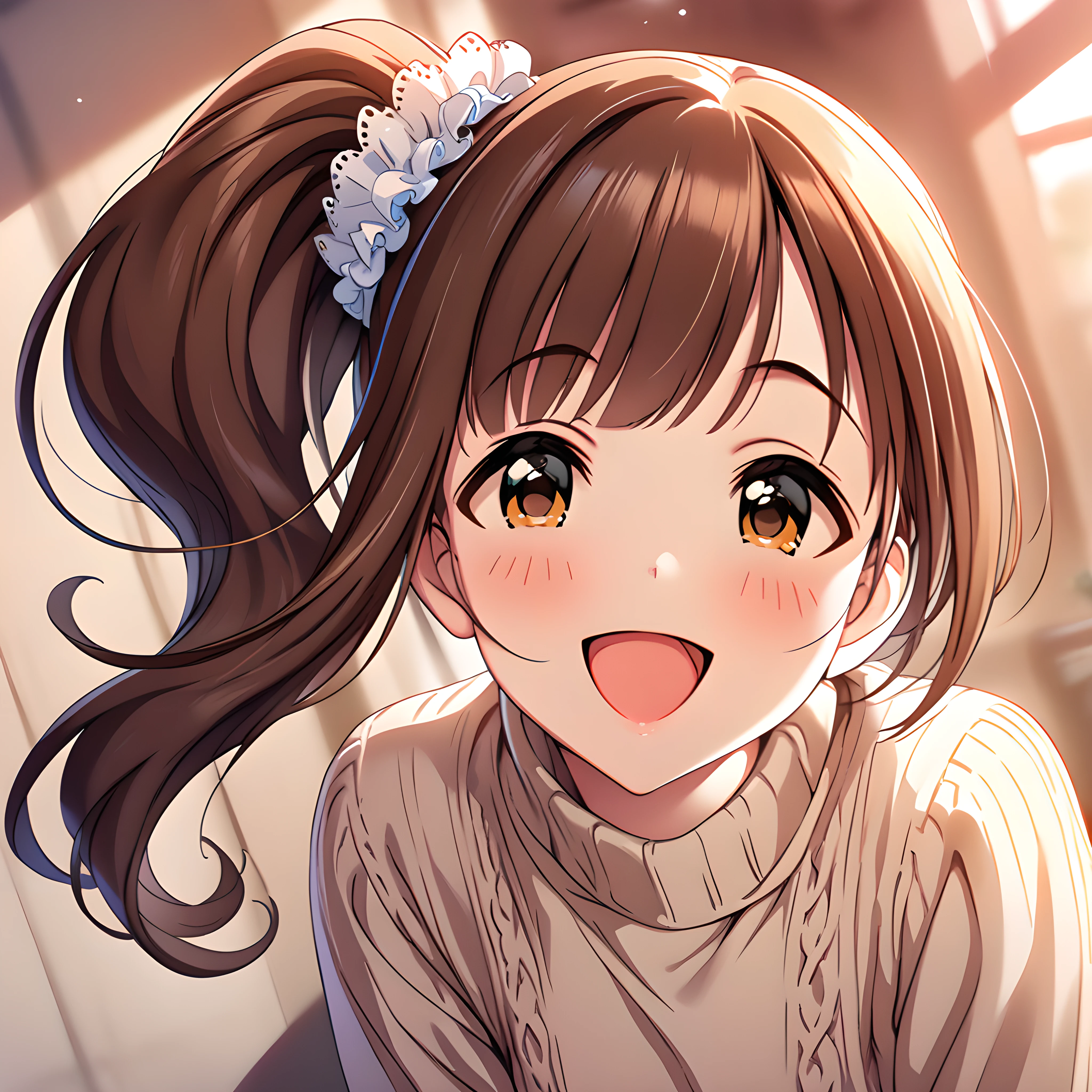 (masterpiece),(best quality),(ultra-detailed),(best illustration),(best shadow),(absurdres),(detailed background),(very aesthetic)kyoko igarashi, 1girl, brown hair, smile, open mouth, side ponytail, solo, blush, scrunchie, bangs, :d, sweater,  <lora:Kyoko_Igarashi__äºååµé¿å­_-_The_Idolmster_Cinderella_Girls__ã¢ã¤ãã«ãã¹ã¿ã¼ã·ã³ãã¬ã©ã¬ã¼ã«ãº_SDXL_Animagine_XL_3.1:1>