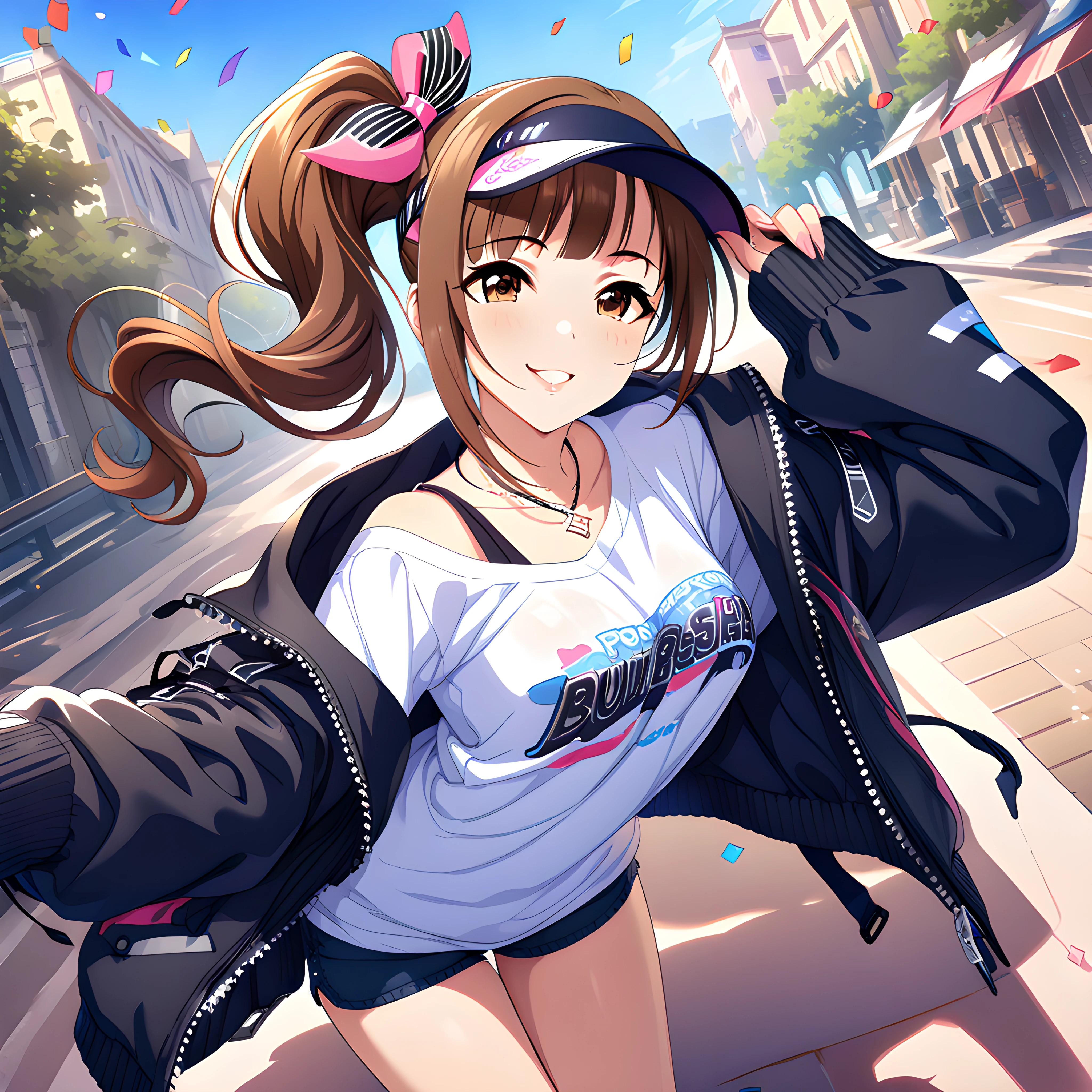 (masterpiece),(best quality),(ultra-detailed),(best illustration),(best shadow),(absurdres),(detailed background),(very aesthetic)kyoko igarashi, casualoutfit, 1girl, solo, brown hair, side ponytail, jacket, smile, visor cap, confetti, blue sky, shorts, seductive smile, pink lips, <lora:Kyoko_Igarashi__äºååµé¿å­_-_The_Idolmster_Cinderella_Girls__ã¢ã¤ãã«ãã¹ã¿ã¼ã·ã³ãã¬ã©ã¬ã¼ã«ãº_SDXL_Animagine_XL_3.1:1>