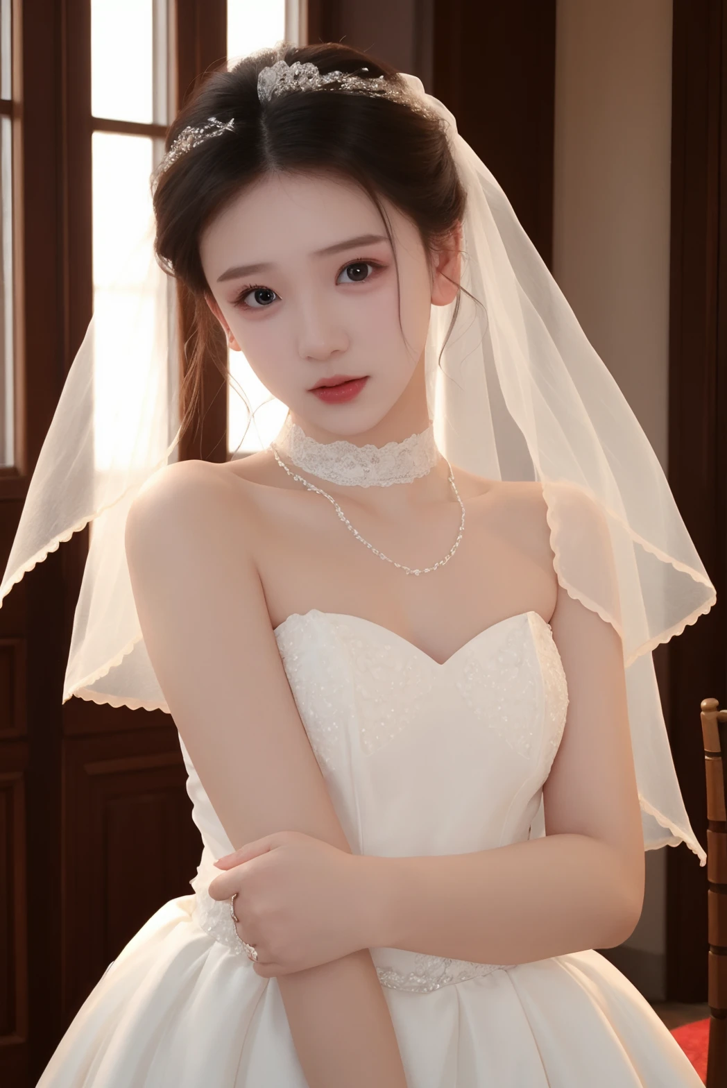 1girl, high quality, upper body, skirt hold, wedding dress, bridal veil, choker,lace trim, skin tight,  shiny skin, indoors,
  <lora:zbkxy_v1-000008:0.5> <lora:ip-adapter-faceid-plusv2_sd15_lora:0.6>