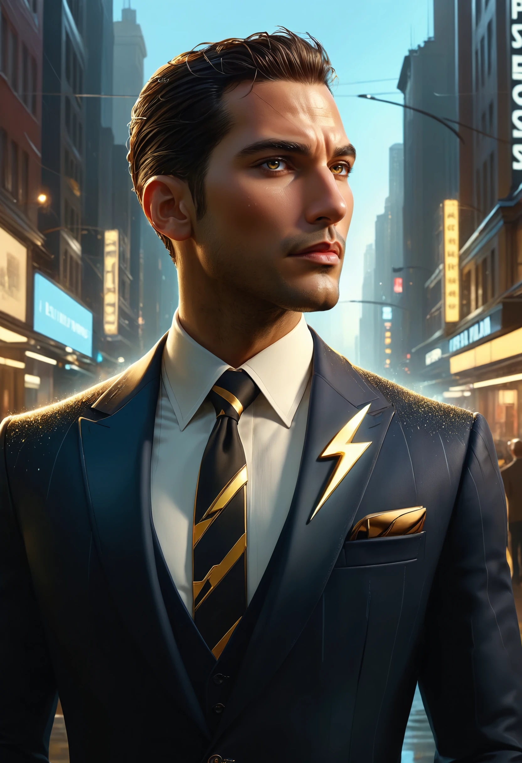 streetscape art designed by Jeremy Mann and Atey Ghailan, portrait art, Rich science fiction scene, in warm formal suit, detailed, masterpiece, cinematic lighting, Polychromatic
<lora:dvr-bzz:0.8> dvr-bzz