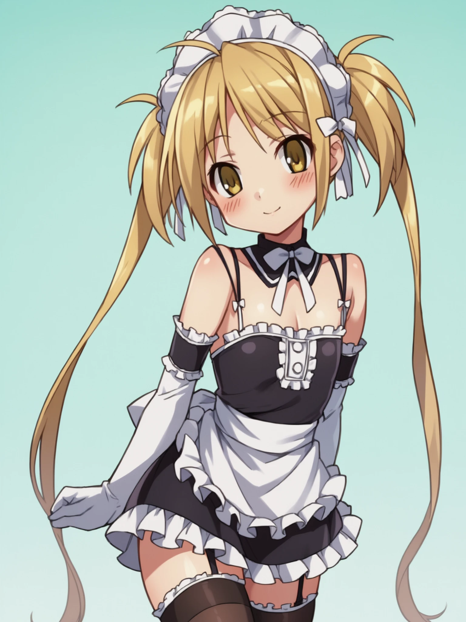 score_9, score_8_up, score_7_up, score_6_up, source_anime, zPDXL, <lora:ALTXL_pony_0061_8:2>, BREAK
4k resolution, 1girl, solo, <lora:KoWaGo-20:0.8> koremaid, bare shoulders, elbow gloves, white gloves, detached collar, arm garter, garter straps, black thighhighs, frilled thighhighs, maid headdress, blush, arms_at_side, mitsuki, little girl, flat chest, twintails, yellow eyes, blonde hair, light smile,
