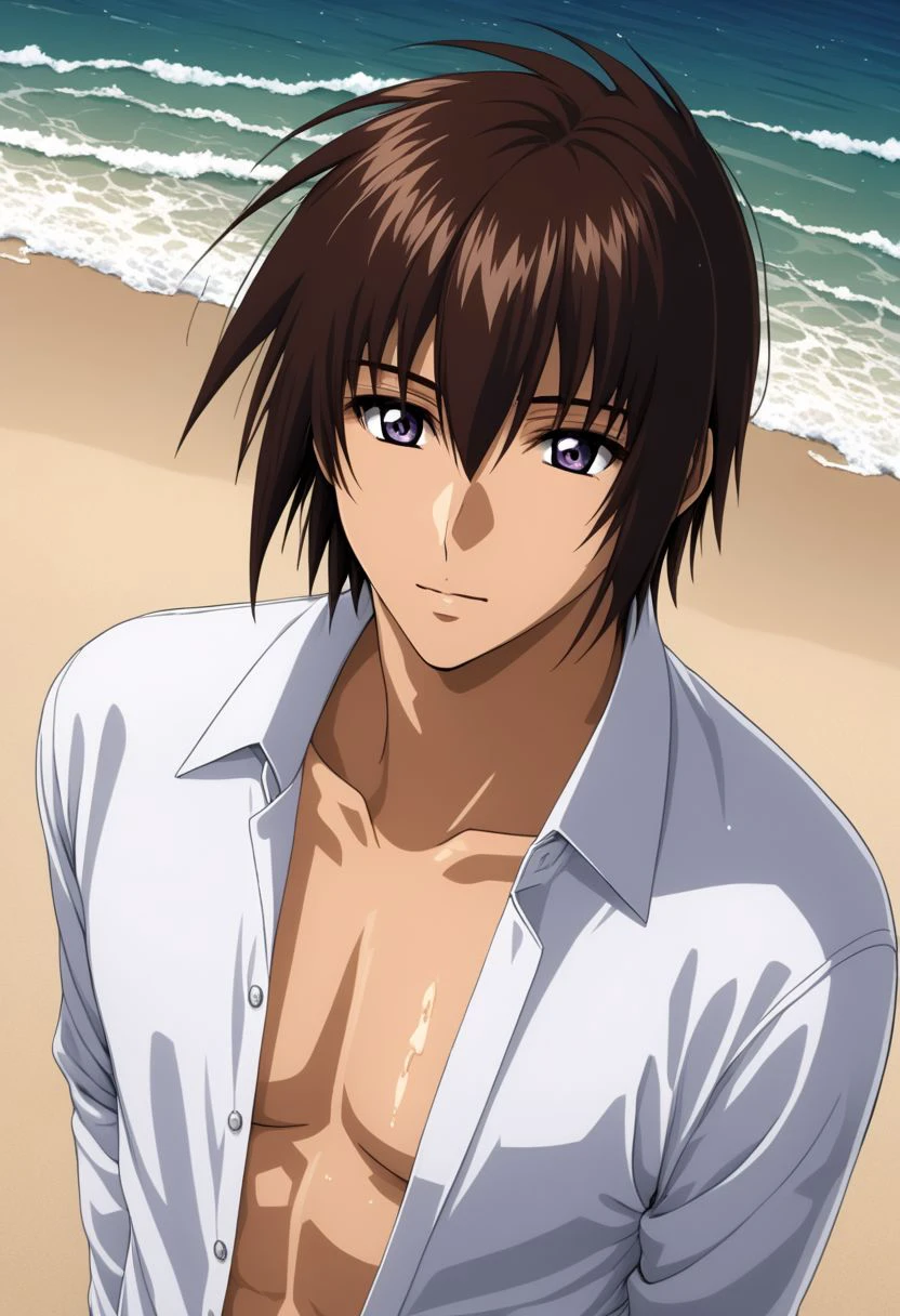 ASCII kira_yamato, hair parting left, 1man, mature adult male focus, white open shirt, solo, slim, thin waist, warm beige skin, brown hair,
detailed symmetric glossy eyes, expressive eyes, large purple eyes, looking at the viewer,
sexy posing, in a beach, sweaty, 
full body portrait,
masterpiece, best quality, ultra high res, intricate detail, clamshell warm lighting