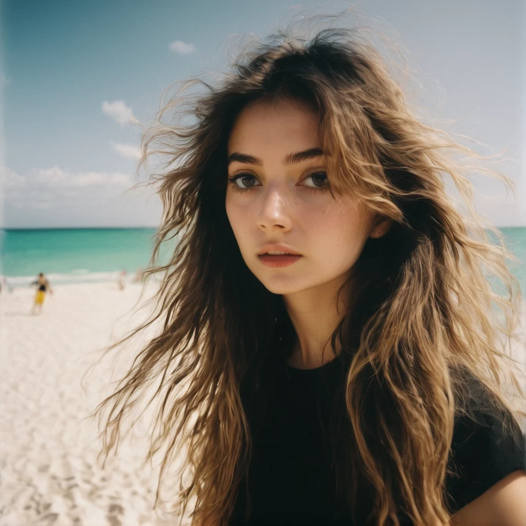 close-up headshot of ((ohwx woman)), ,a girl standing alone, miami beach, black top , film grain, analog film style, vivid color, 1girl, upper body, (looking at the viewer:1.2), best quality, high quality, (realistic), (absurdres:1.2), UHD, ultrarealistic, noise, soft skin, long messy hair, (best quality:1.2), shot on Fujifilm Superia 400, Short Light, 32k, cinematic composition, professional color grading, film grain, atmosphere, wondrous, very sunny, motion blur,
