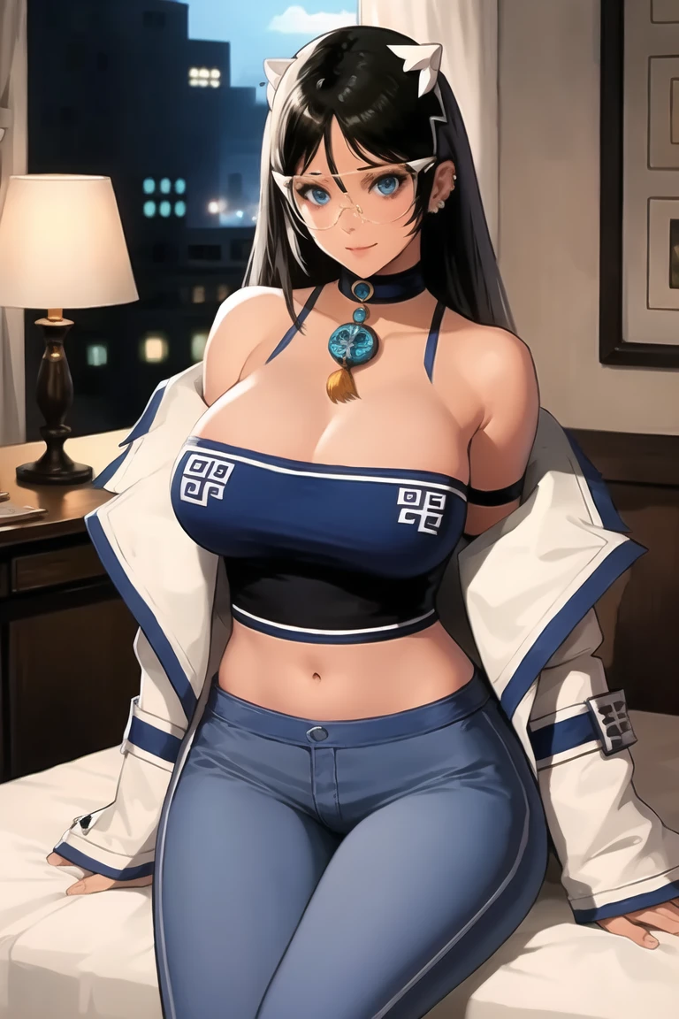 masterpiece,BEST QUALITY,gina1,indorrs,bed sheet,sitting,cowboy shot,<lora:gina:0.75>,long hair,black hair,blue eyes,breasts,cleavage,off shoulder,glasses,round eyewear,hair behind ear,bangs,coat,blue pants,long sleeves,choker,hair ornament,looking at viewer,halter neck,