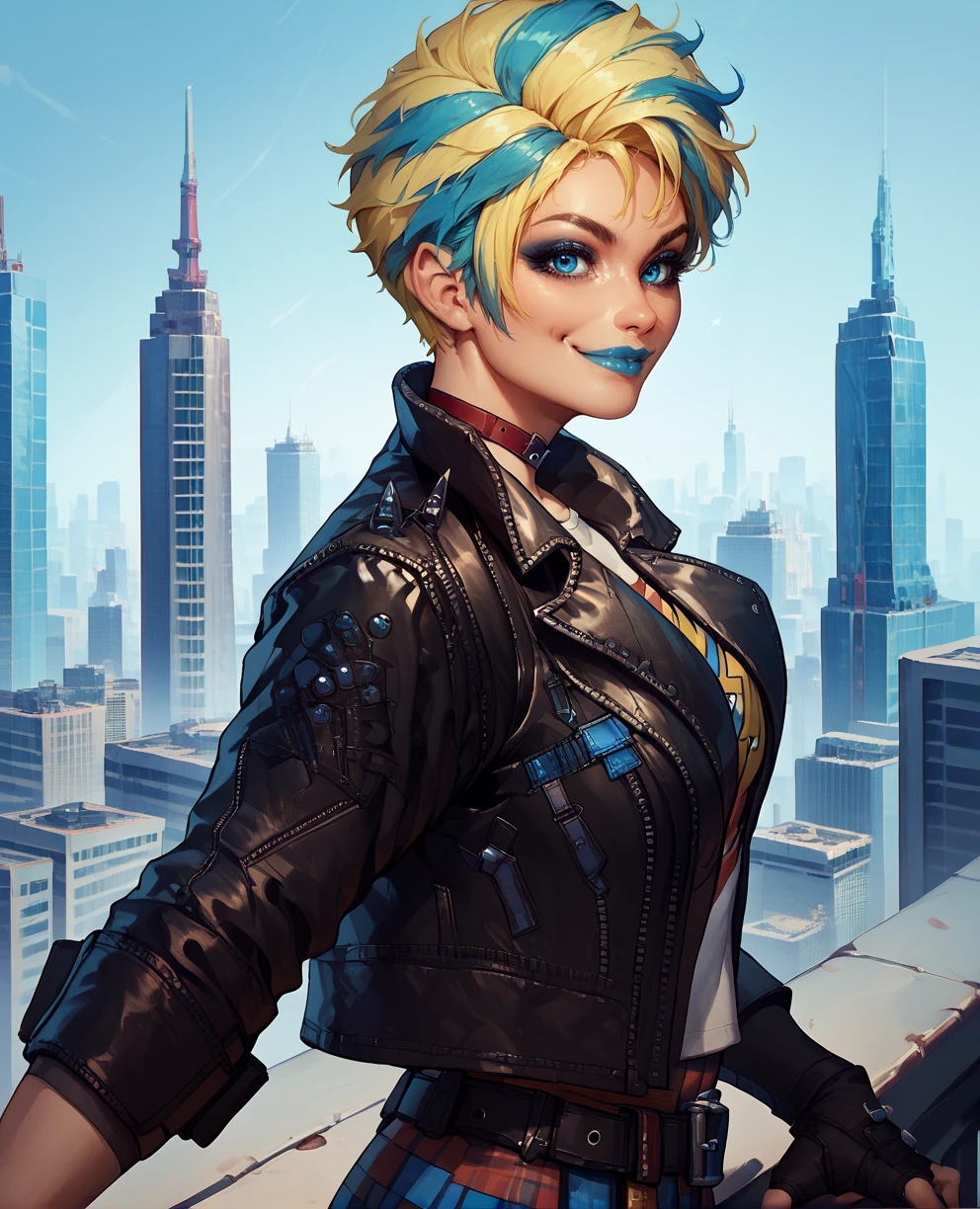 score_9,score_8_up,score_7_up,score_6_up,violaxl,blue eyes,short hair,two-tone hair,blue lips,eyeshadow,leather jacket,plaid pants,white shirt,jewelry,fingerless gloves,belt,choker,cityscape,solo,<lora:violaxl:1>,light smile,from side,looking at viewer,