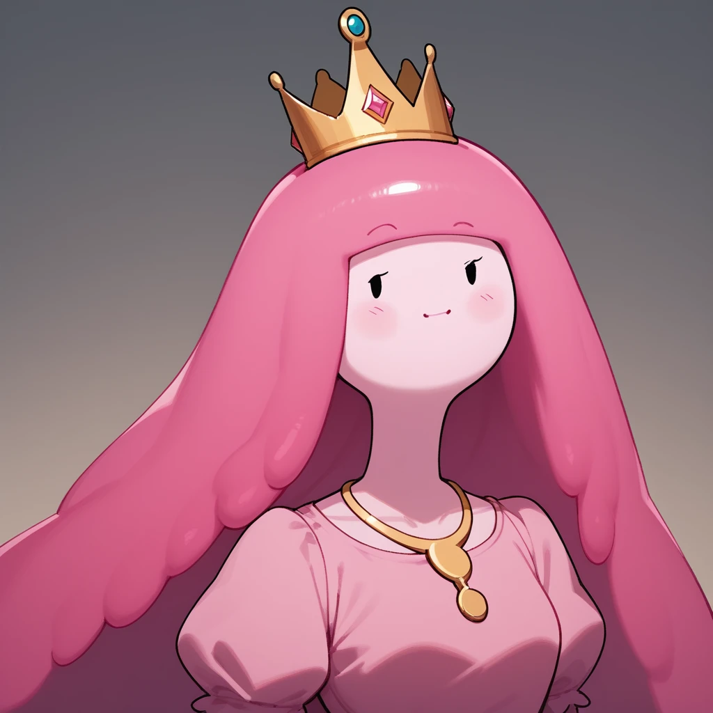 score_9, score_8_up, score_7_up,source_cartoon,princess bubblegum from adventure time,pink skin,(flat cartoon), 1girl,[masterpiece], dot eyes,pink dress ,crown