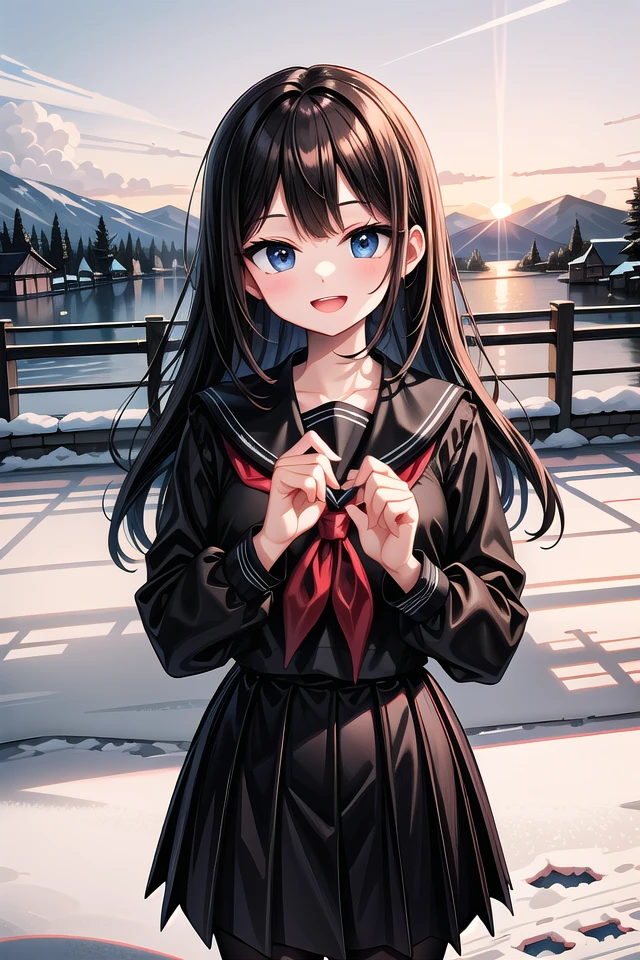 insanely detailed, absurdres, ultra-highres, ultra-detailed, best quality,
1girl, solo, nice hands, perfect hands
BREAK
winter school uniform
BREAK
happy smile, laugh, open mouth
BREAK
standing, cowboy shot, looking at viewer
BREAK
slender, kawaii, perfect symmetrical face, ultra cute girl, ultra cute face, ultra detailed eyes, ultra detailed hair, ultra cute, ultra beautiful
BREAK
high contrast, bokeh, nostalgia, faded film, vintage, grain effect, vignette effect, japanese countryside, winter, sunset, heavy snow, depth of field, ultra detailed background, (very wide, panorama view, sense of depth, magnificent view:1.3)
BREAK
black hair, black eyes