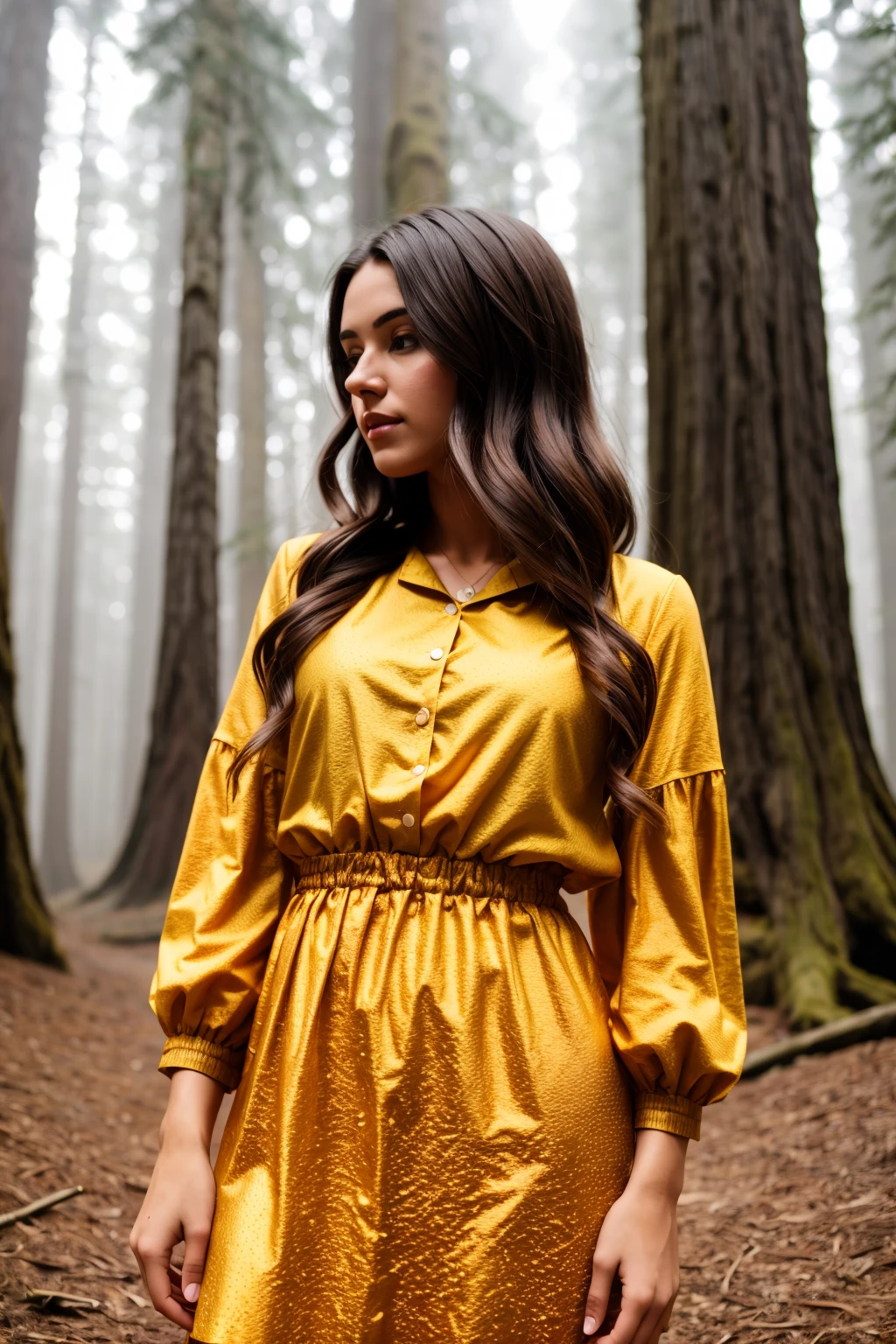 texture cinematic photo young woman in Mustard Yellow chmdrss, full body view, Brunette long hair, Foggy Redwood Forests <lora:Charming dress v1.07:1> . 35mm photograph, film, bokeh, professional, 4k, highly detailed top down close-up