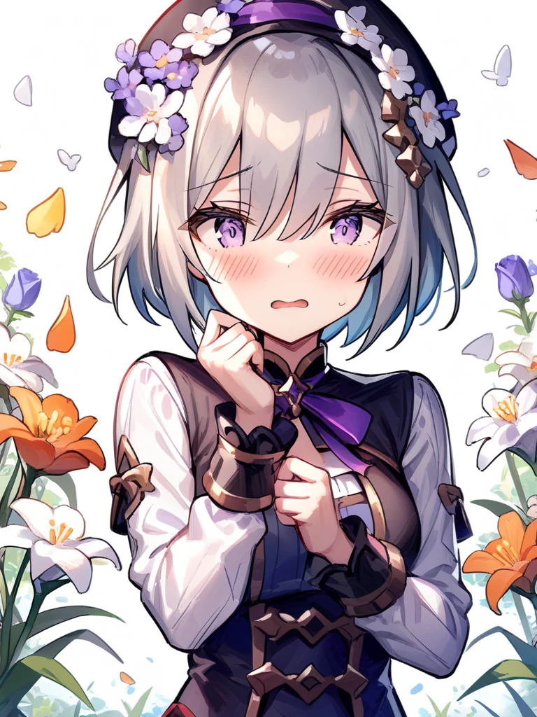 <lora:marie:0.8>,marie,short hair,silver hair,1girl,solo,embarrass,shy,flower,white background,, masterpiece, best quality, very aesthetic, absurdres