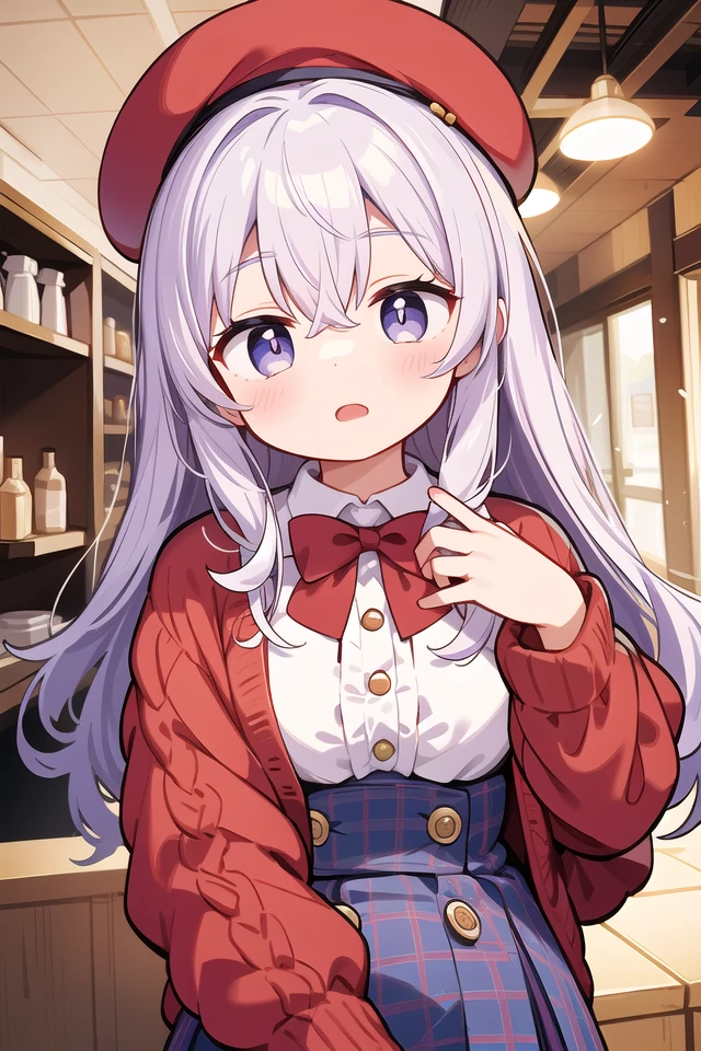 insanely detailed, absurdres, ultra-highres, ultra-detailed, best quality,
1girl, solo, nice hands, perfect hands
BREAK
(vintage-inspired beret with flower pin:1.3), (navy and red plaid dress:1.5), (golden buttons down the front:1.2), (ivory blouse with ruffle detailing and red bow tie:1.4), (peach cardigan with cable knit pattern:1.3), (black tights:1.1), (red Mary Jane shoes:1.2)
BREAK
(nsfw:-1.5)
BREAK
expressionless, open mouth
BREAK
(45 angle:-1.5), (from side:-1.5),
standing, cowboy shot, looking at viewer
BREAK
slender, kawaii, perfect symmetrical face, ultra cute girl, ultra cute face, ultra detailed eyes, ultra detailed hair, ultra cute, ultra beautiful
BREAK
in coffee shop, depth of field, ultra detailed background
BREAK
medium breasts
BREAK
purple hair, purple eyes, twist out, hair between eyes