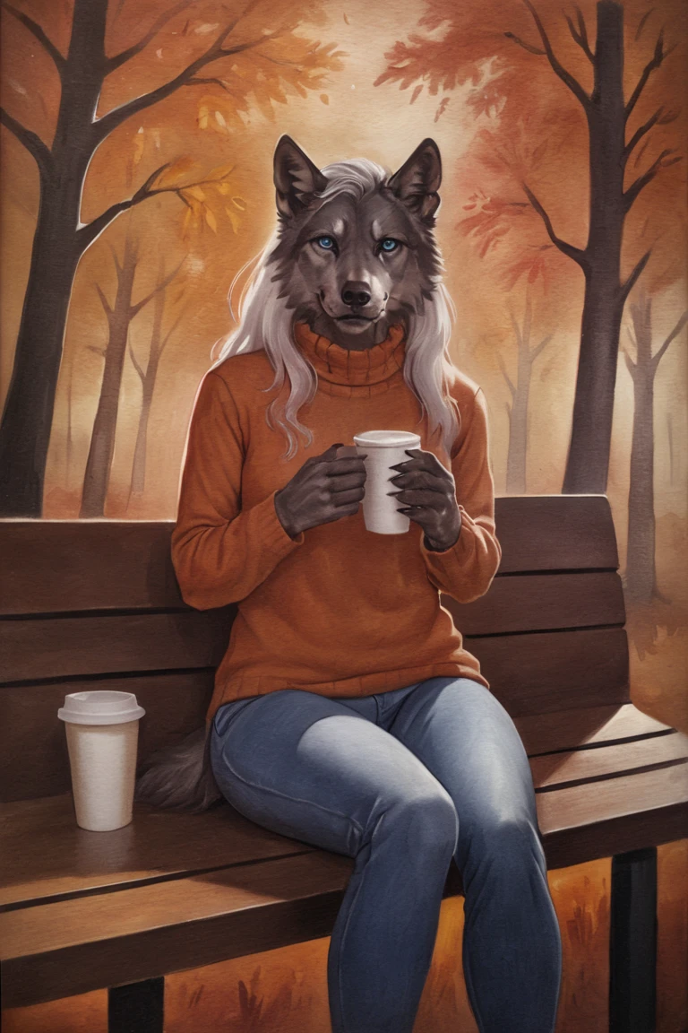 masterpiece, best quality, hi res, newest, traditional media, realistic, furry, werewolf, grey fur, long hair, white hair, blue eyes, orange sweater, long sleeves, blue jeans, holding cup, coffee cup, disposable cup, 1girl, solo, looking at viewer, cowboy shot, sitting, on bench, bench, outdoors, forest, autumn, falling leaves <lora:OIS Red Lion Style LoRA_SeaArt Furry XL 1.0:0.7>