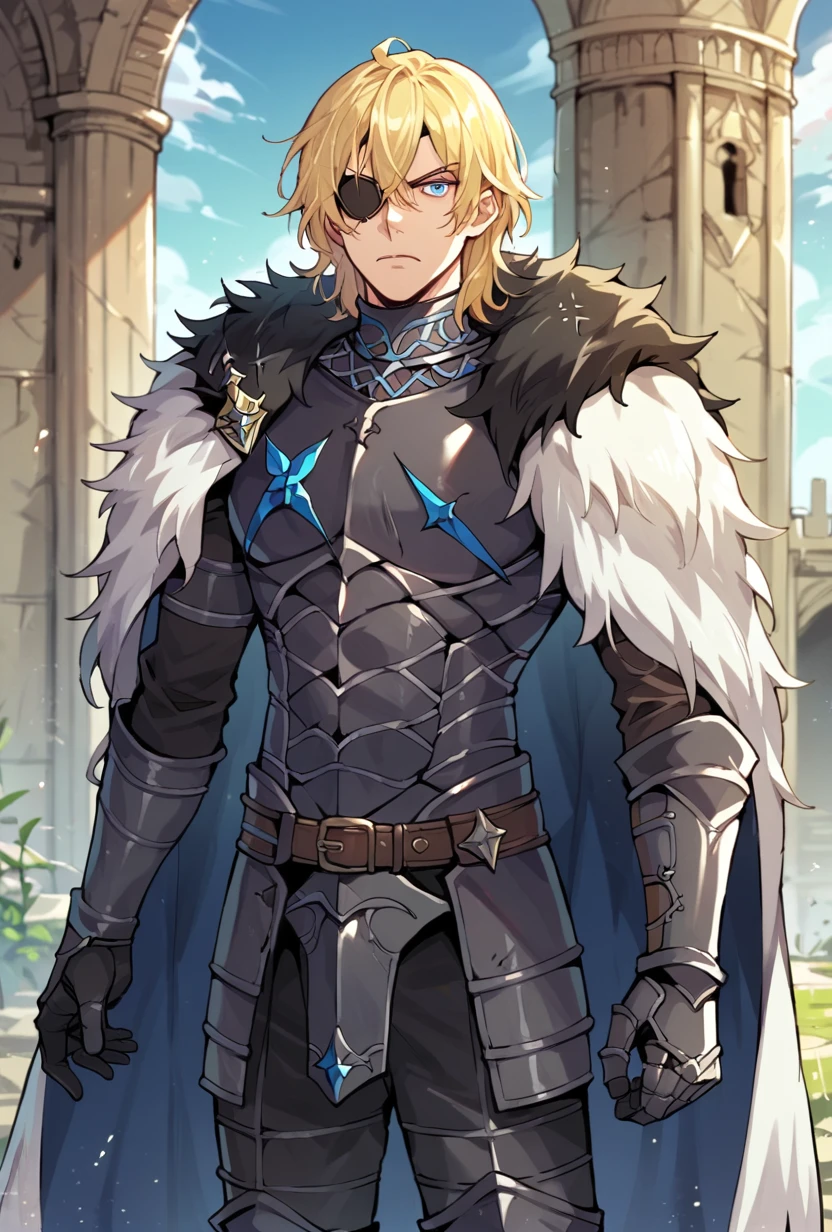 score_9, score_8_up, score_9, score_8_up, dimitrife, dimitritimeskip,1boy, solo, blonde hair, medium hair, messy hair, eye patch on right eye, blue eyes, black armor, fur cape, cowboy shot, angry, ruined castle, ruins, outdoors