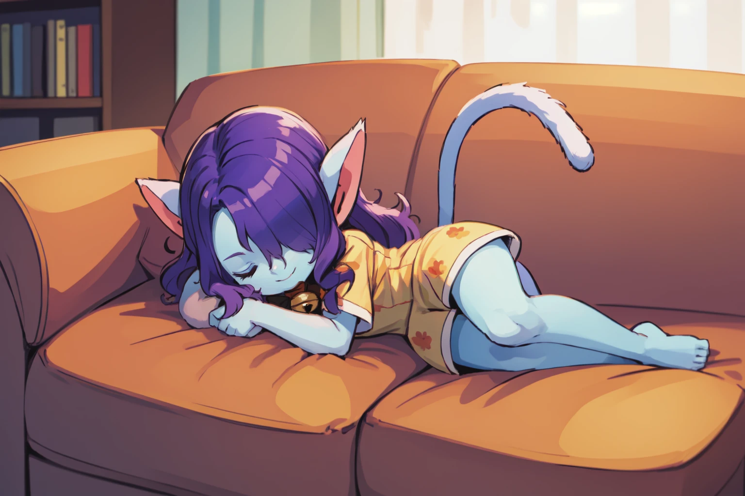 masterpiece, best quality, 1girl, chibi, cute, solo, on side, sleeping, closed eyes, smile, closed mouth, curled up, pillow, <lora:NekomataClassicSMT:0.85> nkmtaSMT, long hair, hair over one eye, pointy ears, colored skin, blue skin, pajamas, bowtie, neck bell, cat tail, indoors, couch