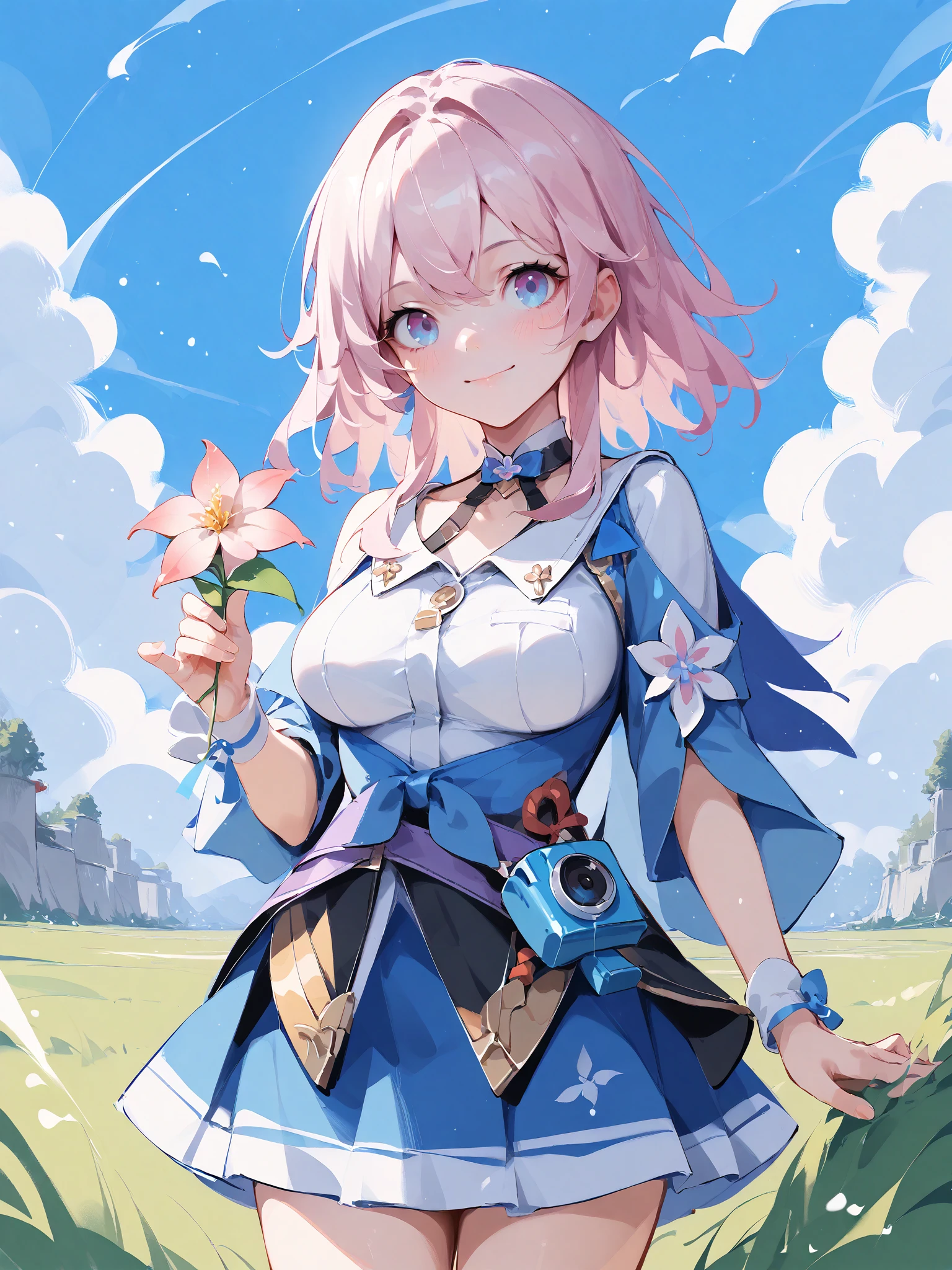 <lora:XL_myzy style(pony):0.8>,myzy style,<lora:XL_march 7th(pony):1>,March 7th,short pink hair,pink blue eyes,Sanyueqi Costume,1girl,solo,smile,grass,outdoors,cloud,blush,day,blue sky,large breasts,holding flower,closed mouth,medium breasts,multicolored,, score_9,score_8_up,score_7_up,best quality, masterpiece, source_anime,