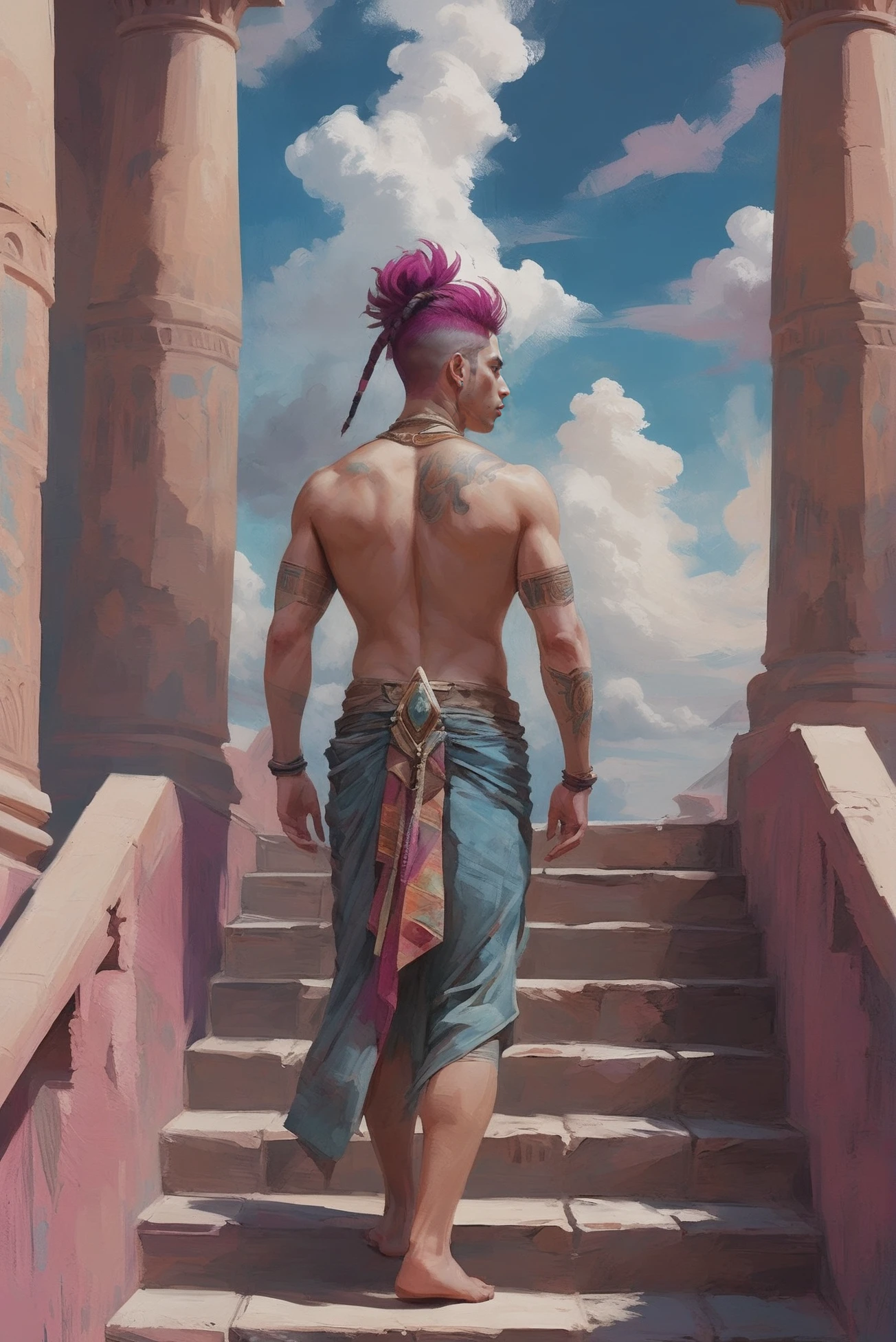 digital painting, (full body:1.2), 1boy, man, handsome, solo, [:epic costume design,:0.2] druid, caucasian, deep magenta hair, (muscular:1) build, noon, blue sky, clouds, architecture, egyptian Endless staircase by a abstract background<lora:EnvyStarlightMistborn01:1>