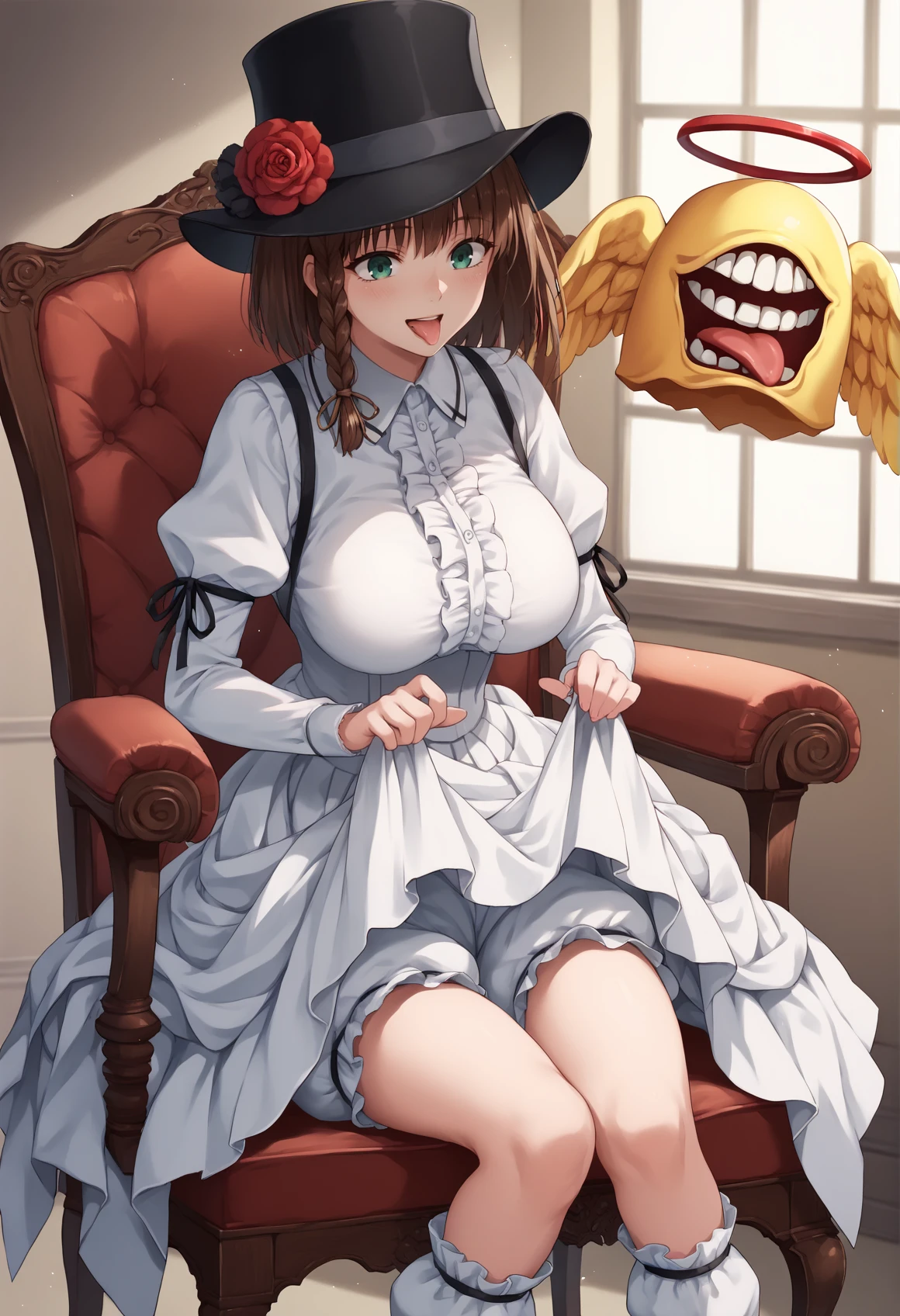 1girl, short hair, brown hair, braid, green eyes, hat, white shirt, long sleeves, ribbon, red flower, black flower, white skirt, big breasts, sitting, skirt lift, lifted by self, bloomers, tongue out, :p. teasing, chair mansion, creature  <lora:charlotte_corday:1>, score_9, score_8_up, score_7_up, score_6_up, score_5_up, score_4_up, BREAK source_anime, masterpiece