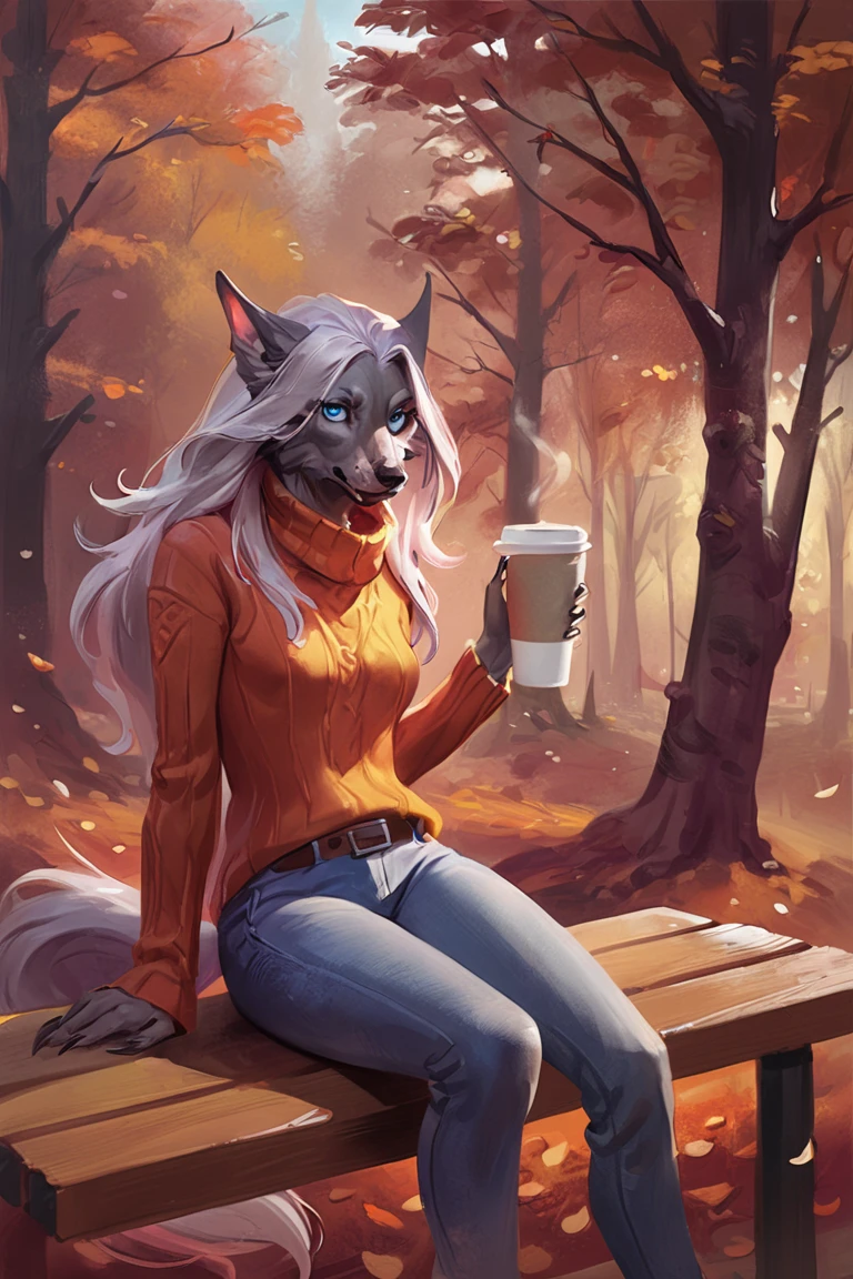 masterpiece, best quality, hi res, newest, pinkdreamsstyle, concept art, digital art, realistic, furry, werewolf, grey fur, long hair, white hair, blue eyes, orange sweater, long sleeves, blue jeans, holding cup, coffee cup, disposable cup, 1girl, solo, looking at viewer, cowboy shot, sitting, on bench, bench, outdoors, forest, autumn, falling leaves <lora:Pink Dreams Style LoRA_SeaArt Furry XL 1.0:0.7>