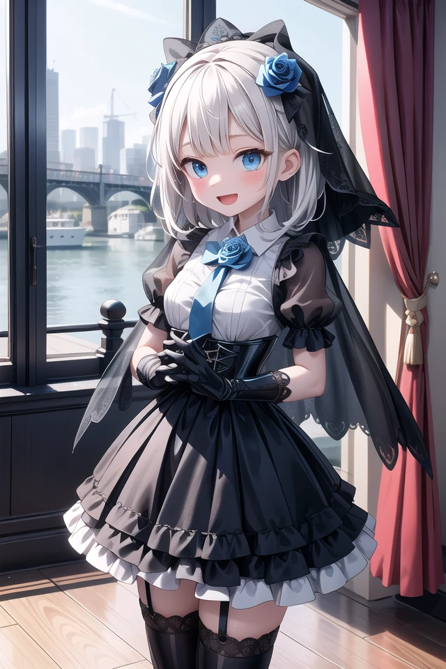 (cleavage:-1.5), insanely detailed, absurdres, ultra-highres, ultra-detailed, best quality,
1girl, solo, nice hands, perfect hands,
BREAK
(fusion of black mourning-dress and black wedding dress:1.2), (gothic dress:1.3), (light-blue and black theme:1.3), ((black mourning-veil, black see-through wedding-veil):1.5), ((black latex corset, light-blue breast-cup):1.4), (short puff-sleeve:1.3), ((white collar, tie-bow):1.3), ((ruffle-skirt, multilayer-skirt):1.4), ((stockings, garter belt):1.3), (see-through long gloves:1.3), (blue rose decoration on head:1.3), (high heels:1.1)
BREAK
happy smile, laugh, open mouth,
standing,own hands together,
cowboy shot,
BREAK
slender, kawaii, perfect symmetrical face, ultra cute girl, ultra cute face, ultra detailed eyes, ultra detailed hair, ultra cute, ultra beautiful,
BREAK
cityscape in tokyo, ultra detailed background, blue sky, bay side, panorama view,
medium breasts, white hair, blue eyes