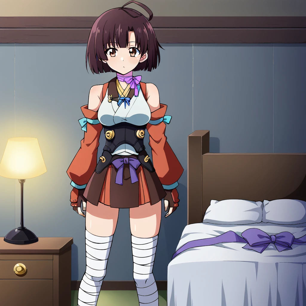 NoTagGiven,  <lora:Mumei - Koutetsujou no Kabaneri-000003:1>, 1girl, standing, bedroom, bed, medium breasts, "KabaneriMumei,short hair,brown eyes,ribbon choker,purple ribbon,Japanese clothes,corset,hakama short skirt,long sleeves,blue ribbon,ahoge,bandaged leg,fingerless gloves, detached sleeves"