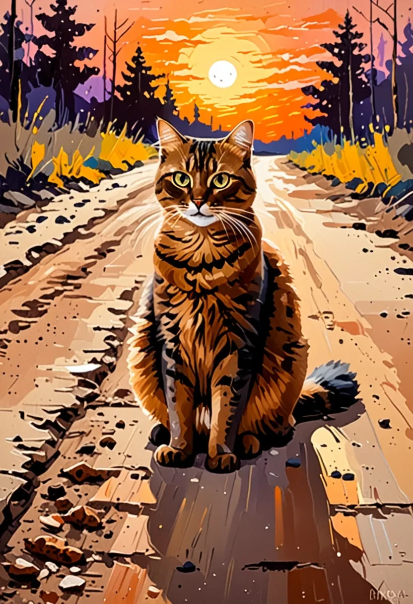 tranquil silhouette of a Brown Cat sitting on a dirt road at twilight <lora:Brown Cat:1>, palette knife painting art style, bold textures, impasto effects, expressive strokes, vibrant colors, dynamic compositions, professional-grade finish, adds depth and dimension, creates tactile quality, immersive texture, contemporary aesthetic