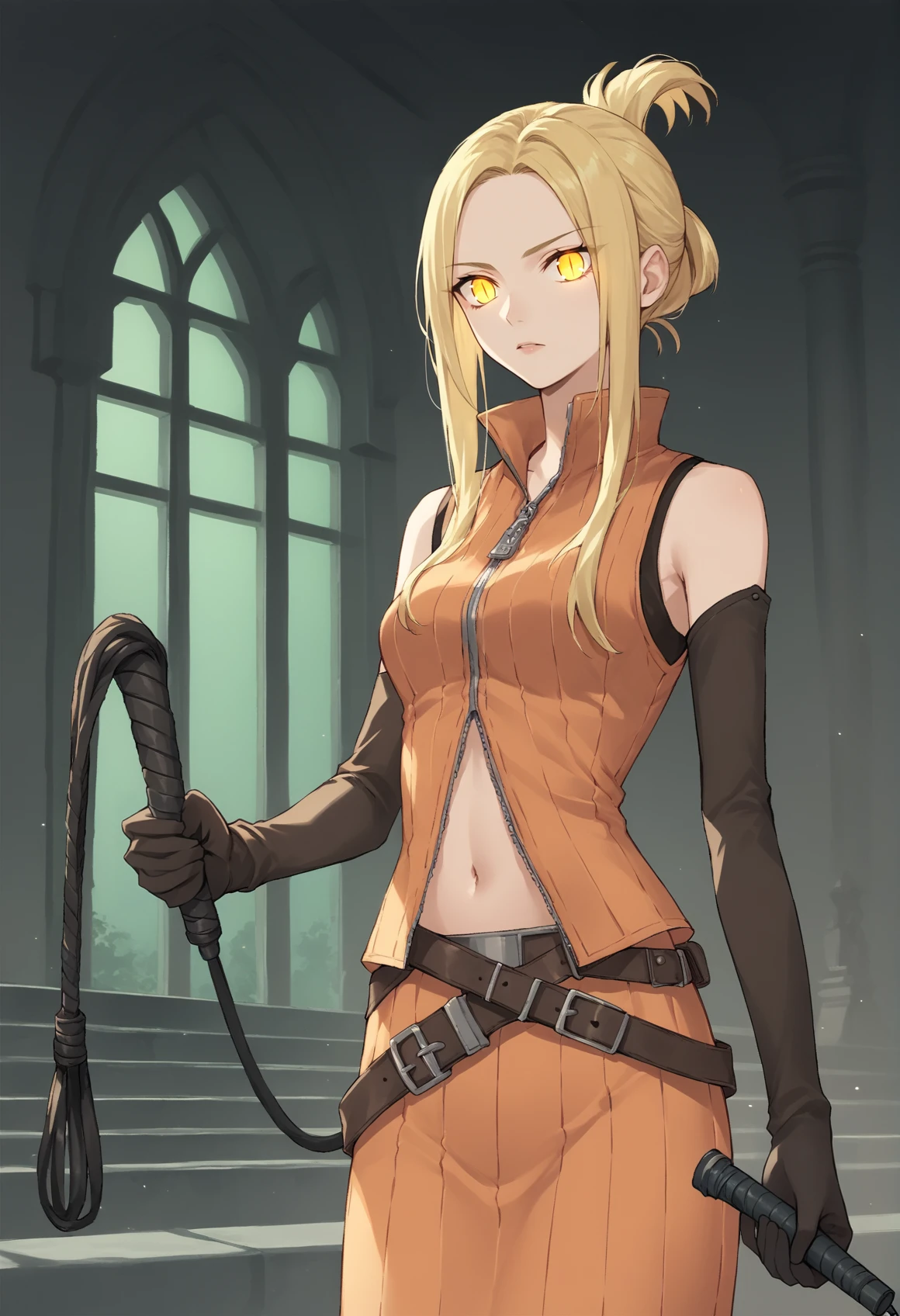 1girl, blonde hair, long hair, sidelocks, folded ponytail, yellow eyes, orange dress, sleeveless, zipper, detached sleeves, navel, belt, skirt, gloves, cowboy shot, indoors, green temple, night, dark, darkness, glowing eyes, slit pupils, holding whip <lora:Quistis:0.8>, score_9, score_8_up, score_7_up, score_6_up, score_5_up, score_4_up, BREAK source_anime, masterpiece