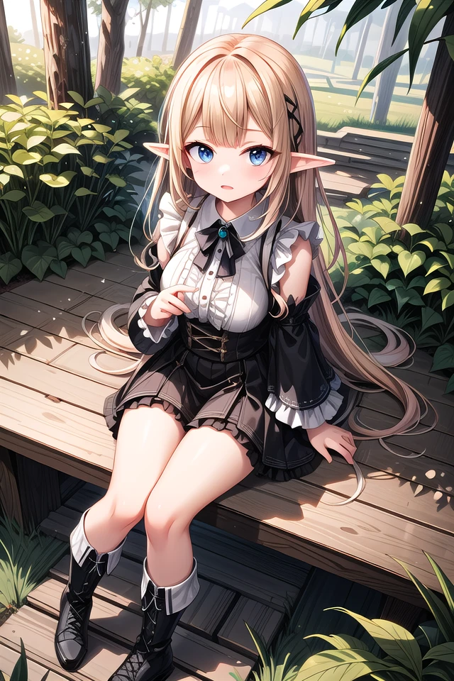 insanely detailed, absurdres, ultra-highres, ultra-detailed, best quality,
1girl, solo, nice hands, perfect hands
BREAK
elf girl, boots
BREAK
sitting on branch,
from above,looking up,
cowboy shot, looking at viewer
BREAK
slender, kawaii, perfect symmetrical face, ultra cute girl, ultra cute face, ultra detailed eyes, ultra detailed hair, ultra cute, ultra beautiful
BREAK
in forest, ground, leaf, butterfly, (wide shot magnificent view:1.2),
(dappled sunlight:1.2), blurry, (depth of field:1.1)
BREAK
shiny hair, blonde hair, blunt bangs