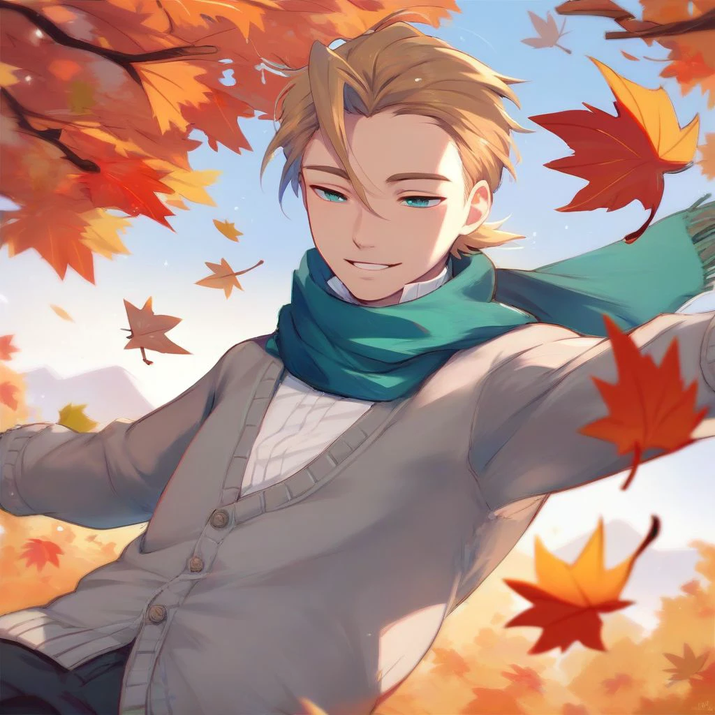 score_9, score_8_up, score_7_up, score_6_up, score_5_up, score_4_up, solo, 1boy, male focus, light brown hair, blue eyes, black shirt, grey cardigan, half-closed eyes, smile, parted lips, outdoors, scarf, autumn, falling leaves