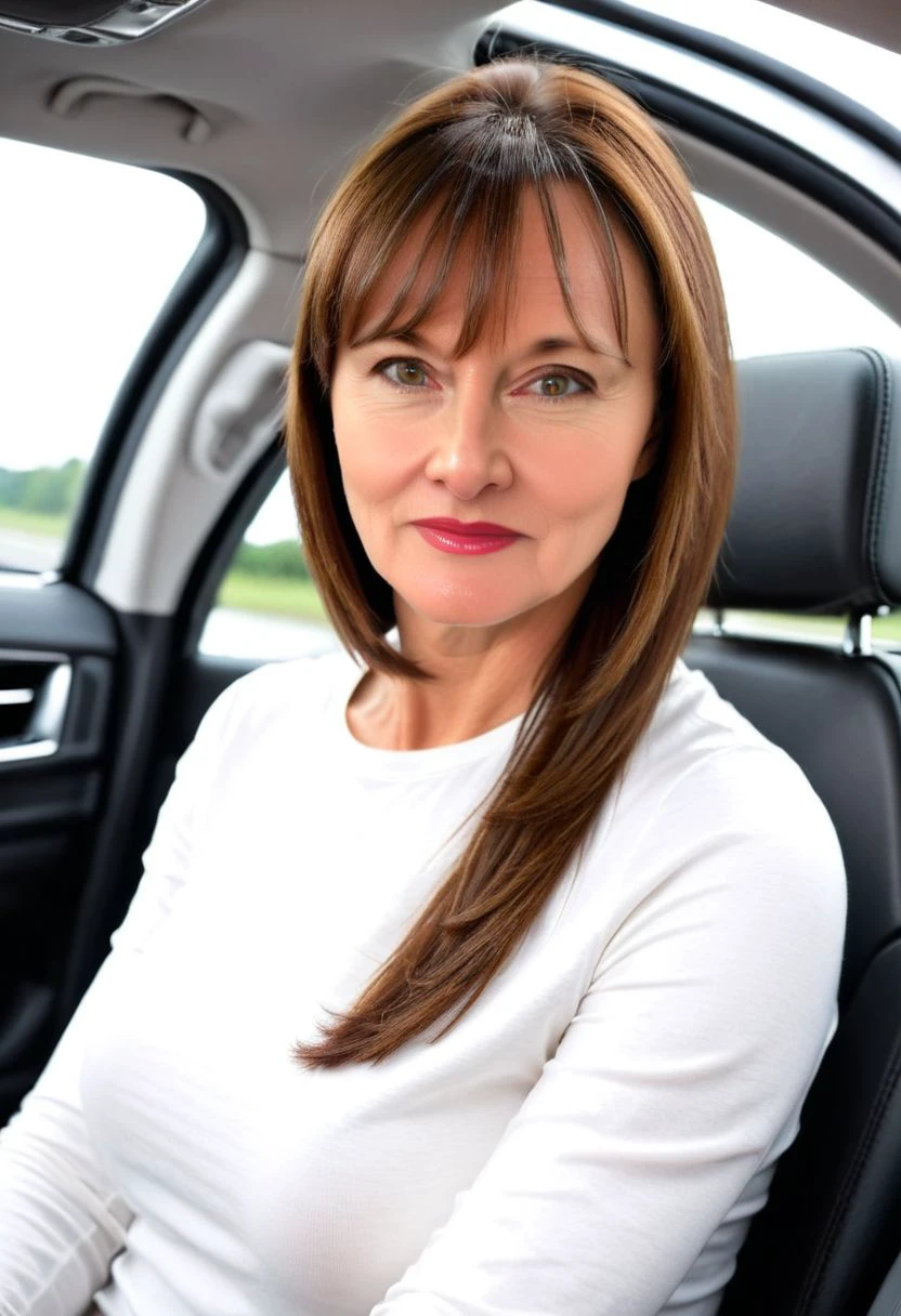 Ellie, alone, 40-year-old woman, slightly-side-parting straight long with bangs haircut, fair-skinned, brown hair, hazel eyes, wearing a white long-sleeved t-shirt, normal breasts, narrow waist, normal body, slightly-smiling facial expression, sitting side-on, hands together, facing camera, in automobile, sitting in driving seat, quite-close-up photo, hyperdetailed photography