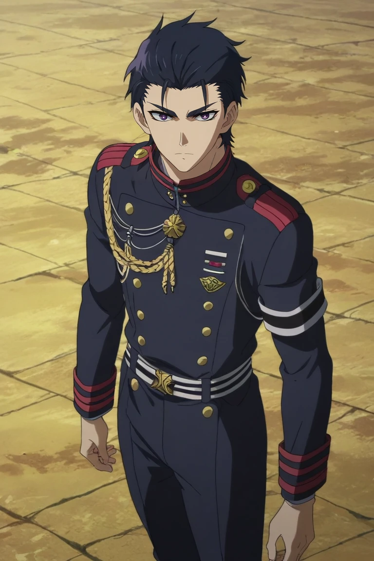 score_9, score_8_up, score_7_up, source_anime, rating_safe, , anime screencap, anime coloring, official style, looking at viewer, , 1boy, solo, male focus, <lora:guren_ichinose_pony:0.88>, guren_ichinose, black hair, purple eyes, short hair, hair slicked back, bangs, focused, stone road, day, sunny, legs up, sparkling eyes, ranger costume, <lora:sdxl_lightning_8step_lora:1>