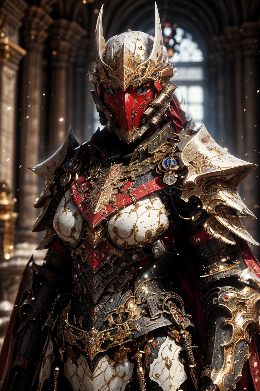 ((best quality)), absurdres, ((ultra high res)), ((masterpiece)), armored suit, white suit, mask, royal knight, royal palace, extremely detailed, <lora:techsuit:0.7>