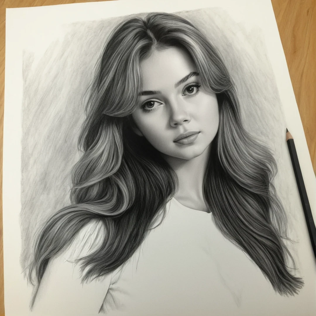 sketching on ivory paper with charcoal pencil of ((ohwx woman)),(looking at the viewer:1.2), long hair, best quality, high quality, (realistic), UHD, ultrarealistic, soft skin, analog film style, wide hips, (best quality:1.2), atmosphere
