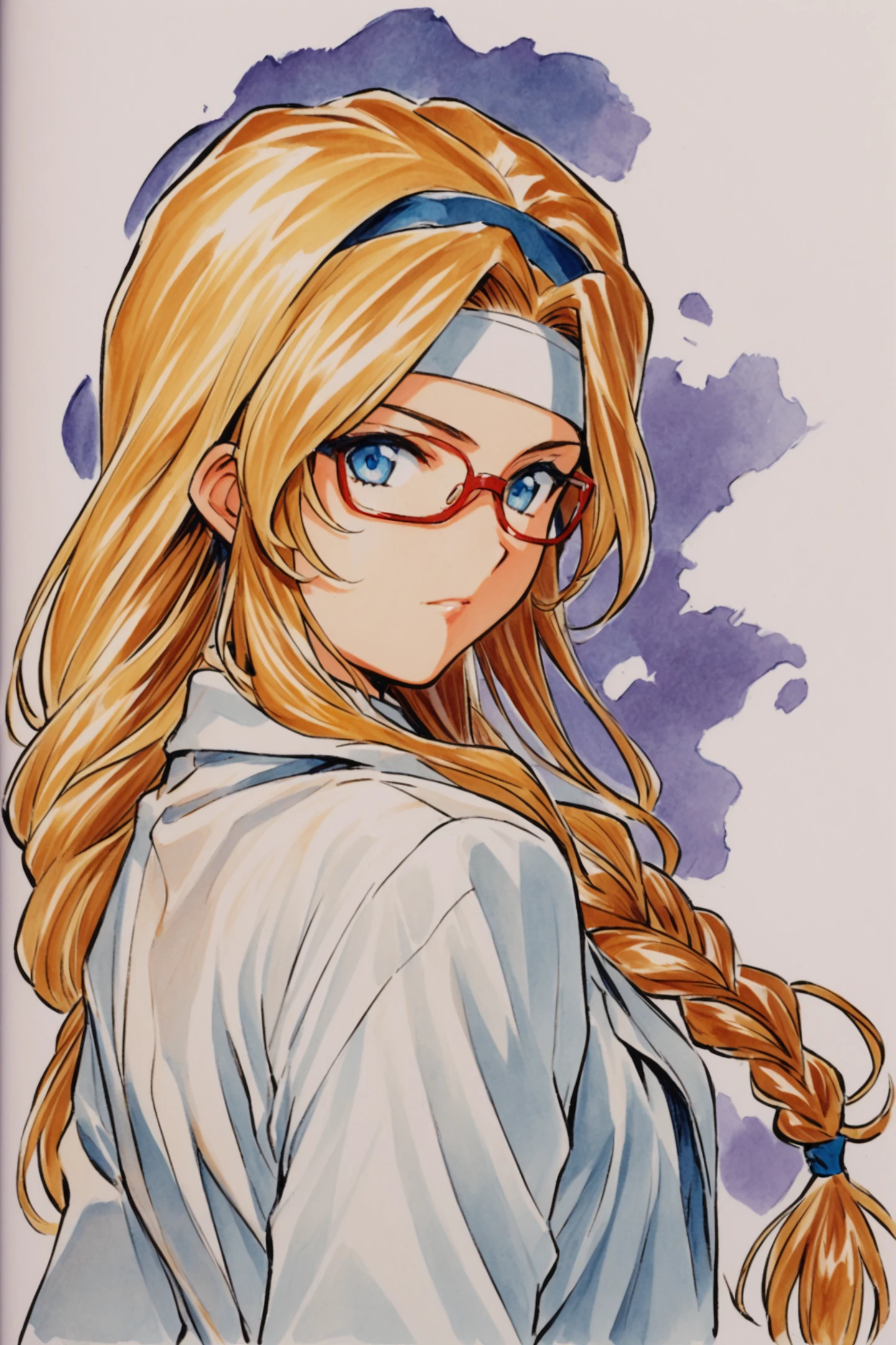 Diana Caprice,1girl,solo,glasses,blonde hair,long hair,blue eyes,white background,labcoat,headband,braid,simple background,upper body,shirt,traditional media,looking at viewer,single braid,red-framed eyewear,<lora:Sakura Wars_XL:0.8>,