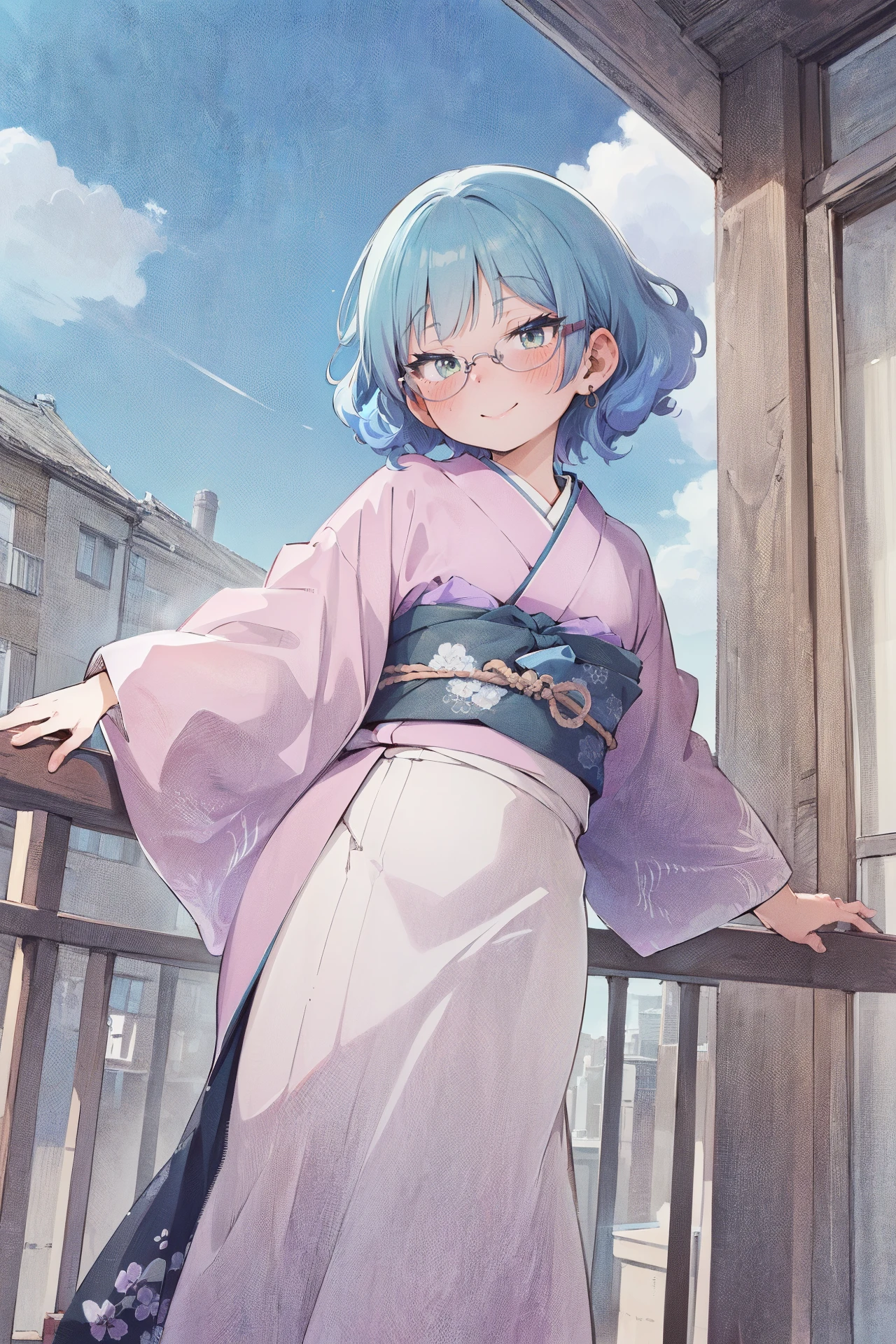 (masterpiece, top quality, extremely detailed, best quality, beautiful and aesthetic:1.2), (1girl:1.3), official art, solo, high resolution, <lora:eitopondo+NAI3-000010:1> eitopondo+, young, tinted glasses, Kimono-style wrap dress in a silk fabric <lora:hotarueye_tsurime2_v100:1>, from below, balcony, day, dynamic pose, naughty smile, spiky hair, short hair, curly hair, sky blue hair