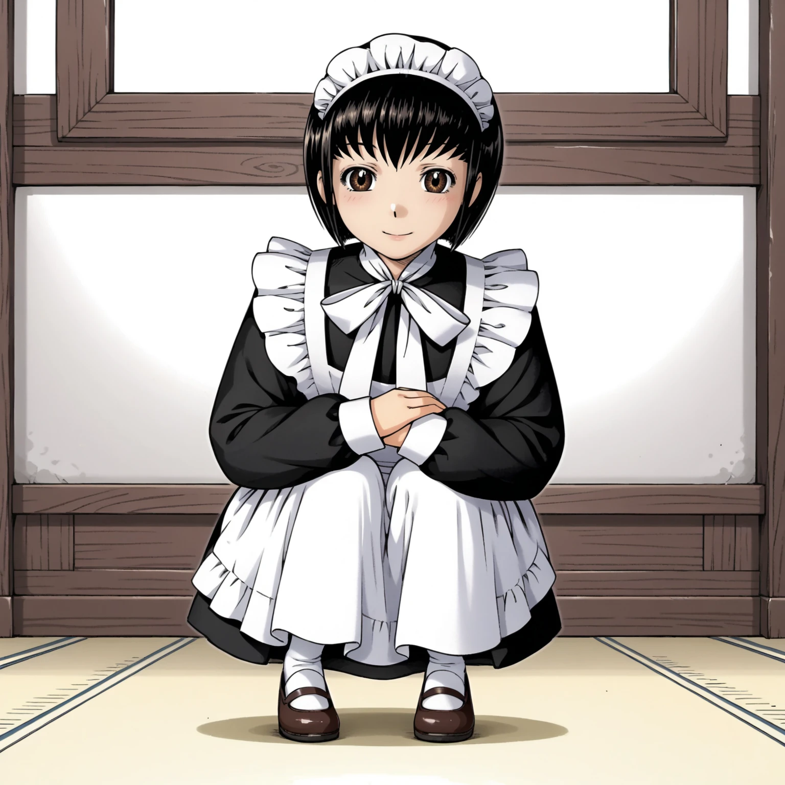 <lora:ShirleyMXLpony001>,
smile,
solo,
ShirleyM,1girl,black hair,bob cut,brown eyes,
maid,long_sleeves,shoes,
full body,squatting,
