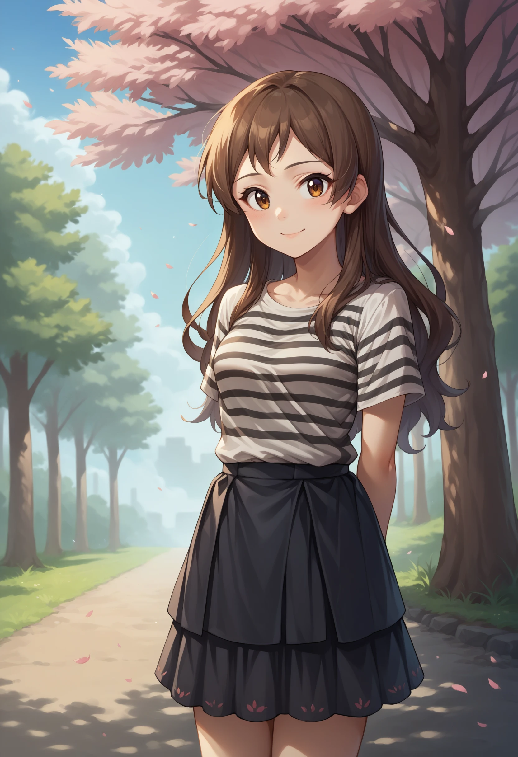 score_9, score_8_up, source_anime, 1girl, solo, KitazawaCasual, long hair, striped shirt, black skirt, outdoors, smile, sakura blossom tree, arms behind back, <lora:ChamKitazawaShihoPonyXL-000007:1>