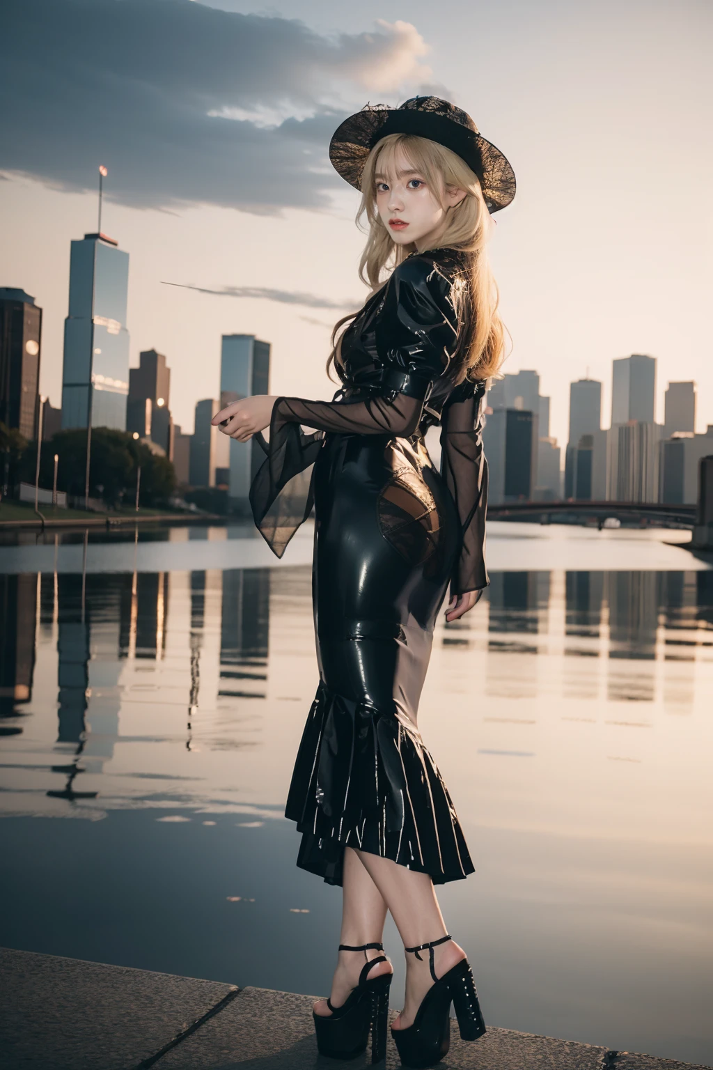 solo,1Girl,ruanyi0528,belt,cross-laced clothes,see-through,black headwear,from behind,fishnets,lace,see-through sleeves,long dress,blonde hair,very long hair,platform heels,cowboy shot,wide sleeves,Hip opening,,outdoors,cityscape,hand on own chest,<lora:0528 cross-laced dress_v3:1>, best quality,masterpiece,highres,official art,extremely detailed cg unity 8k wallpaper