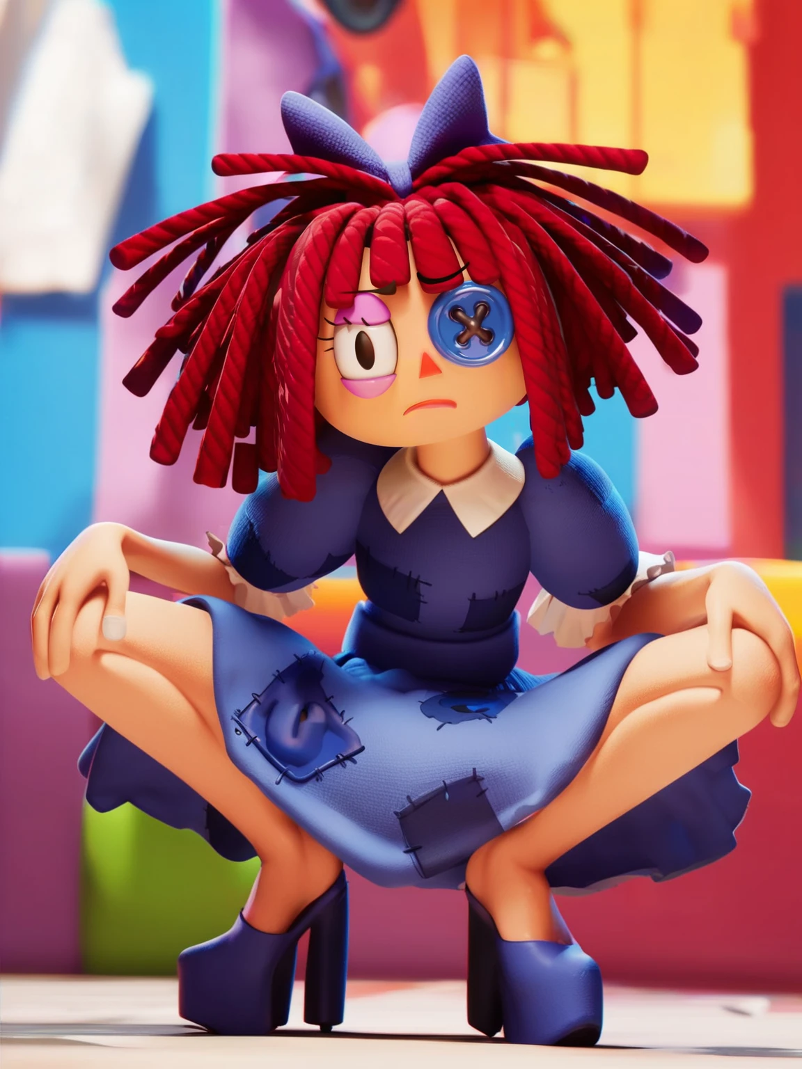 solo focus, <lora:doll-000010:0.7> d_ll, 1girl,rag-doll, red yarn-like hair, flat orange triangular nose, blue button eye and black pupil in actual eye, purple bow in hair, looking at viewer, squatting, front view, spreading legs, platform high heels, score_9, score_8_up, score_7_up,