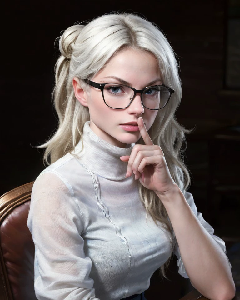 Chz-Adelia3, (meticulously-detailed, Ultra-HD-realistic, 8k:1.3), RAW photo of 1girl as a strict librarian, glasses, turtleneck, (angry expression:1.2), one finger held to own lips, shushing, hair in a sensible bun, skirt, sitting in a comfortable armchair, (looking at viewer), absurdres, perfect-eyes, (masterpiece, best quality:1.4),