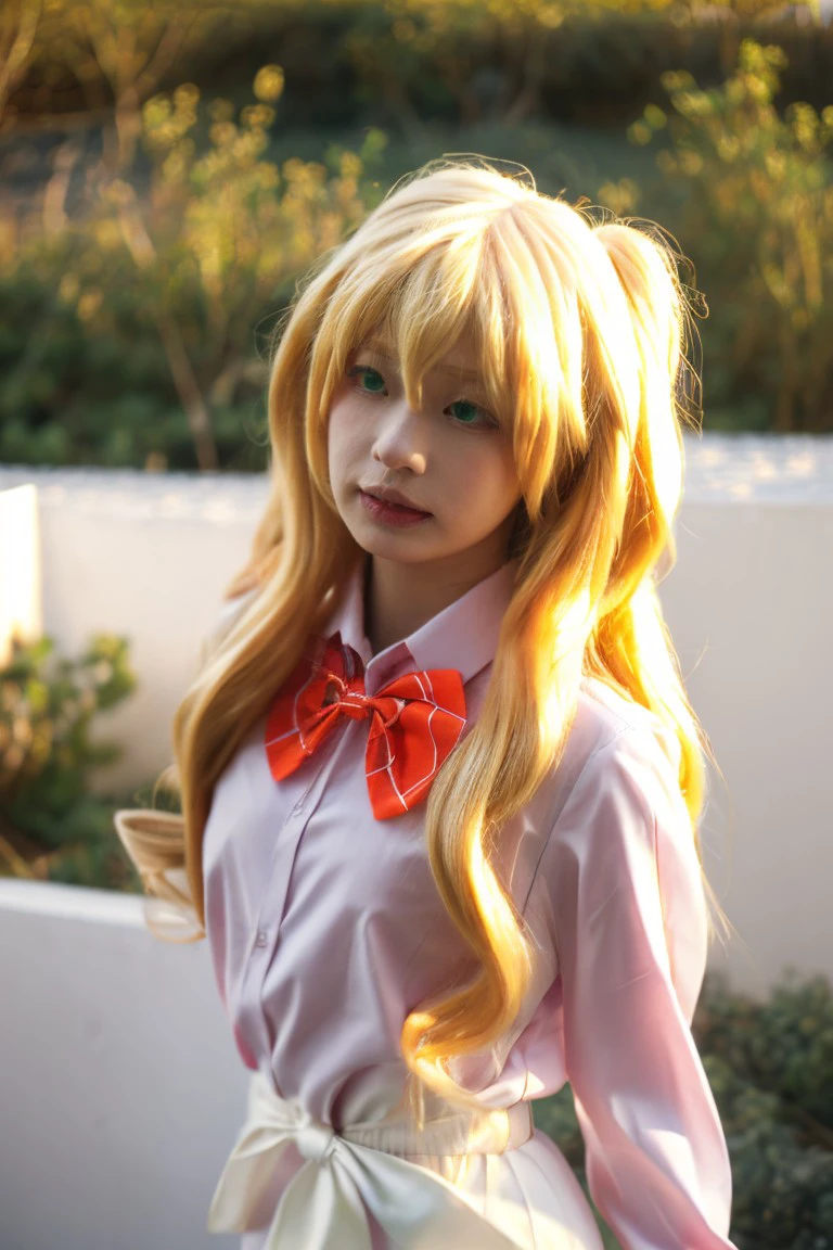 1girl, small breasts, looking at viewer, realistic, photorealistic, long hair, blonde hair, lips, green eyes, bow, bowtie
hyper detailed, super sharp, crisp, smooth, smooth gradients, depth of field,
(in studio, white background), 
<lora:baixiaogai-000008:0.8>, <lora:breastsizeslideroffset:-0.4>, <lora:skin_slider_v2_1_FACE:0.5>, <lora:add_detail_v5:1>,