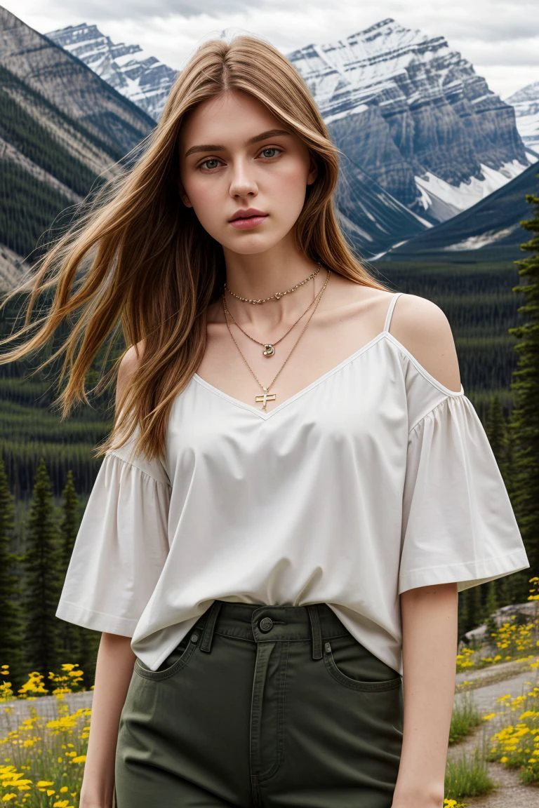 <lora:kawaii7.1.3_obj20:0.75:0.25>, European woman, closeup, (shirt), pants, (banff national park), cross necklace , ZM_afet, wide shoulders, perfect face, (contact iris: 1.1), pale skin, skin pores , depth of field