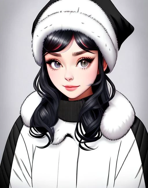 1girl, white fur cap, eyelashes, black sweater, winter jacket with fur collar, <lora:audery2:0.75>