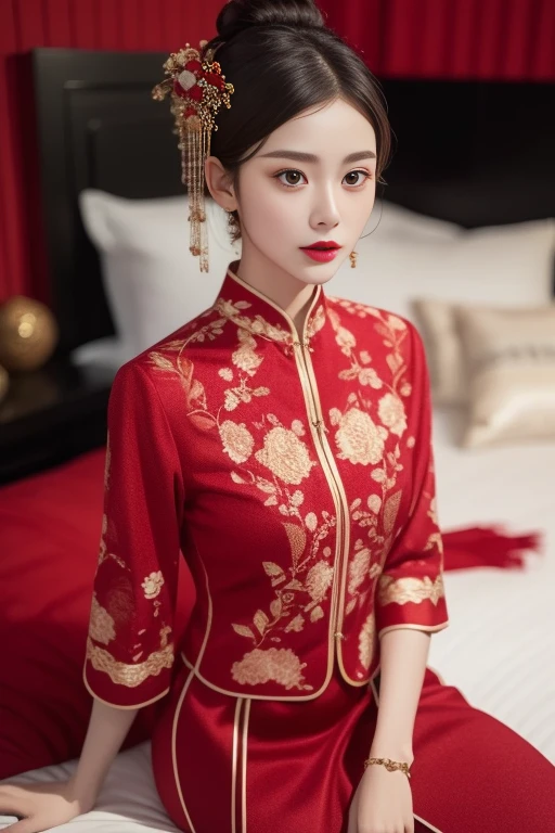 ltra-detailed,highly detailed,best quality,masterpiece,illustration,realistic,photorealistic,
xiuhefu, red theme clothes, 
1girl, solo, 
black hair, hair ornament, 
looking at viewer, sitting on bed, 
 <lora:xiuhefu_v1_02:0.7>