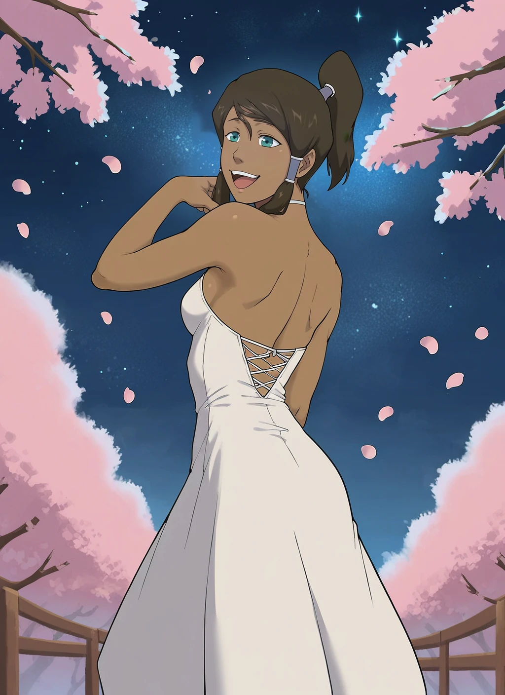 score_9, score_8_up, score_7_up, highly detailed, beautiful Korra avatar_legends, white dress, view from behind, dark skin, blue eyes, happy, starry night sky, cherry blossom petals floating in the air, rating_safe, source_anime, BREAK best quality, masterpiece, cartoon, e621, digital_art <lora:StyleAnaxusXL31:1.0>